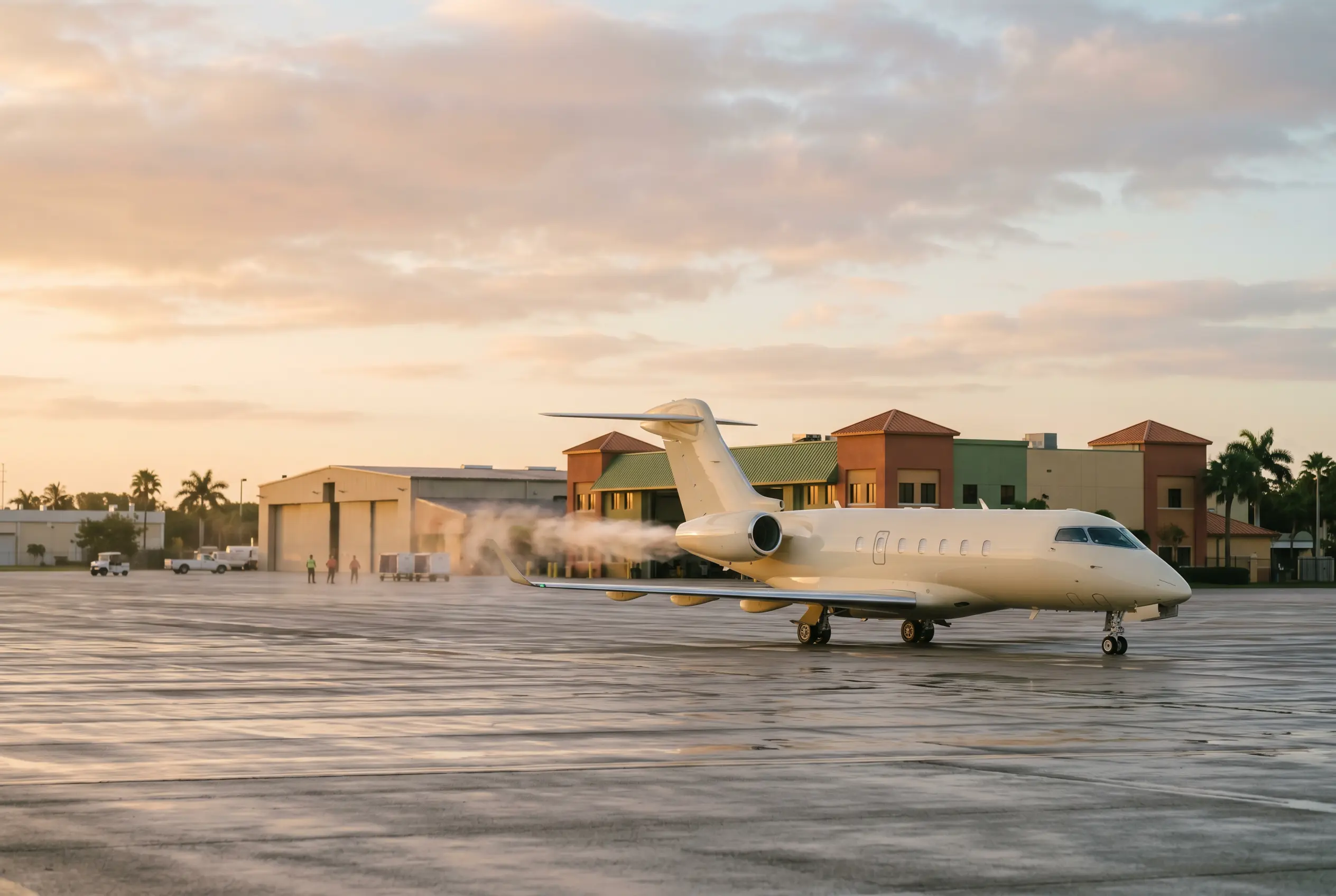 Empty Leg Flights Lone jet taxiing across a wet Florida ramp at dawn, heat haze rising behind it