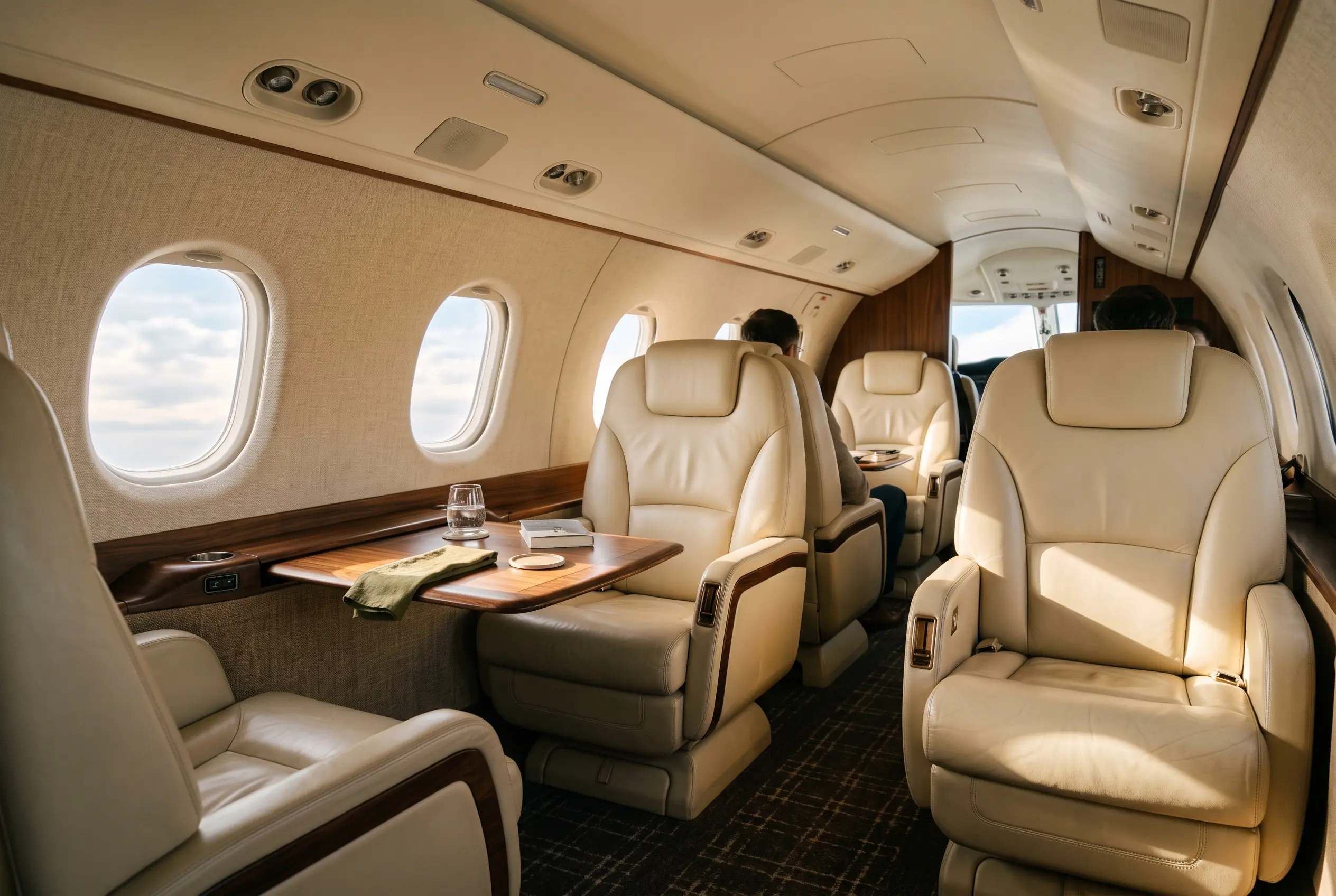 Sculpted composite turboprop cabin with four cream club seats, sunlight falling across a dark walnut console