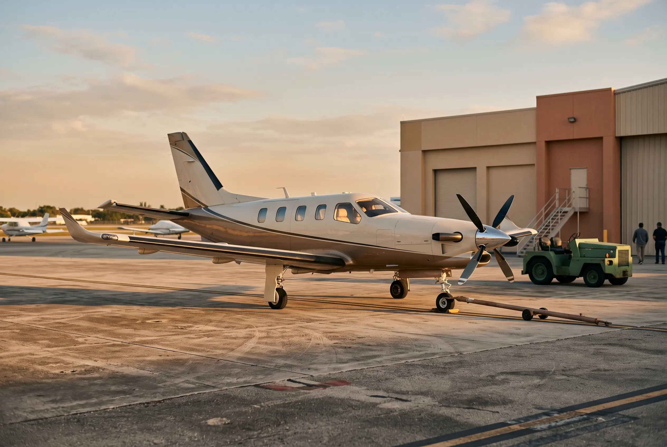 E1000 GX Sleek composite single-engine turboprop poised on an open ramp at golden hour, propeller blades still