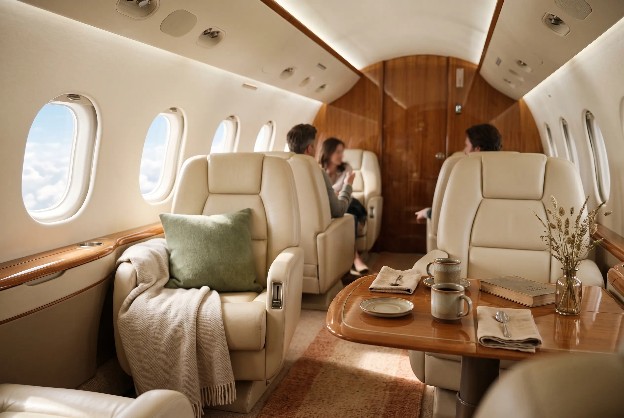 Sunlit wide-body jet cabin with cream club seats, a folded linen throw and a low table set for coffee