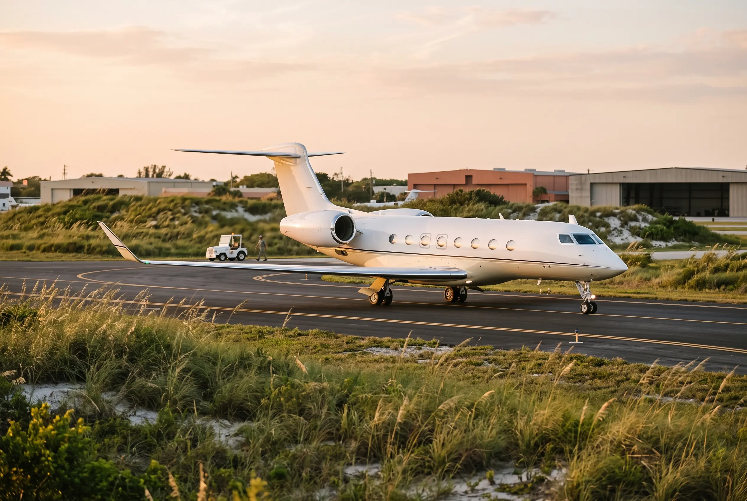 Falcon 2000LXS Sleek twin-engine heavy jet taxiing past dune grass in soft golden-hour light