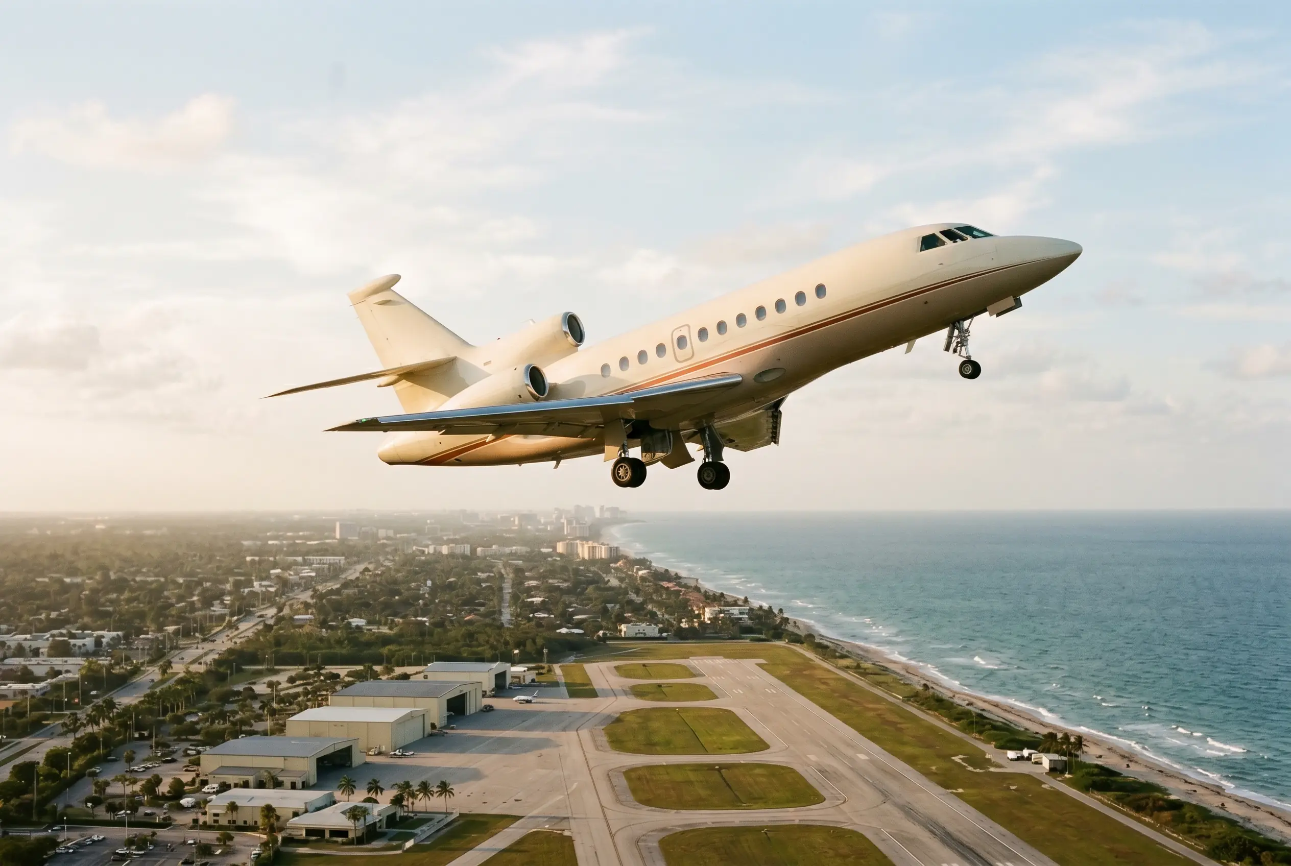 Falcon 7X Three-engine business jet climbing steeply over the coastline, gear folding away against a pale sky