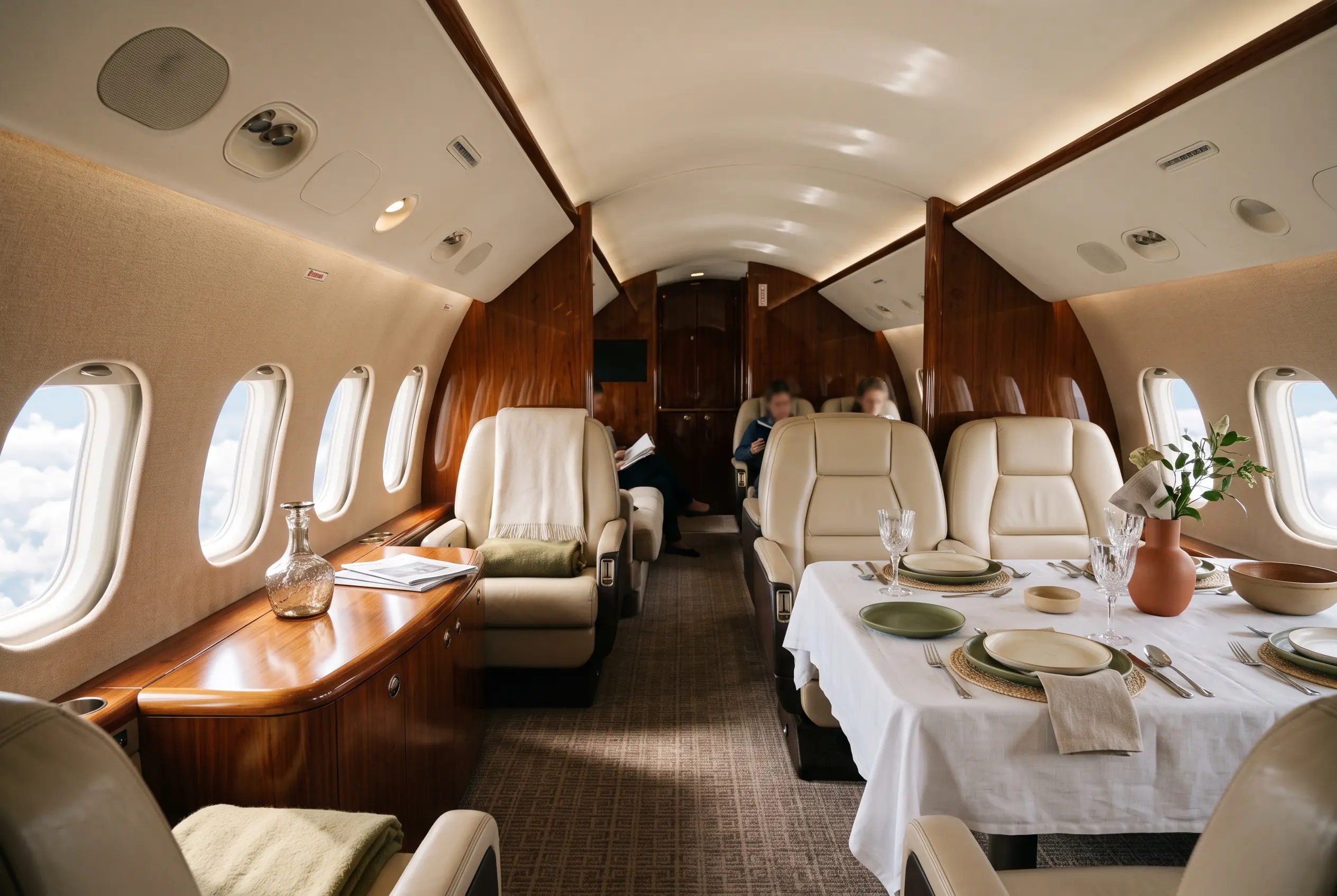 Long executive cabin in morning light, a dining table laid with white linen and four leather chairs drawn up