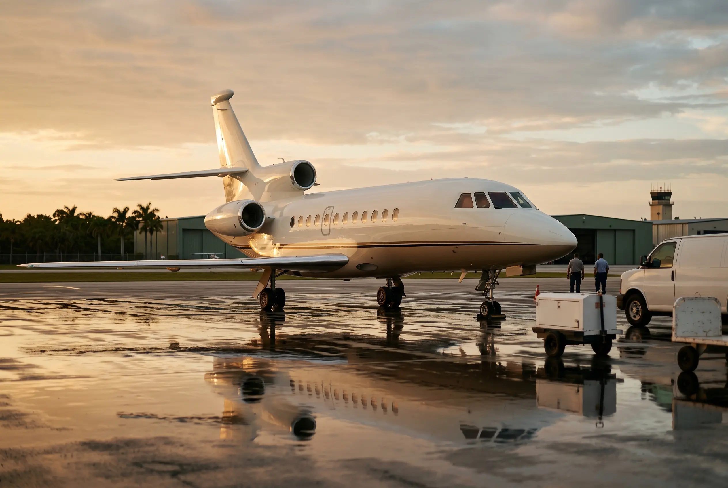 Falcon 8X Trijet silhouette parked on a wet ramp at dawn, reflections pooling under the fuselage