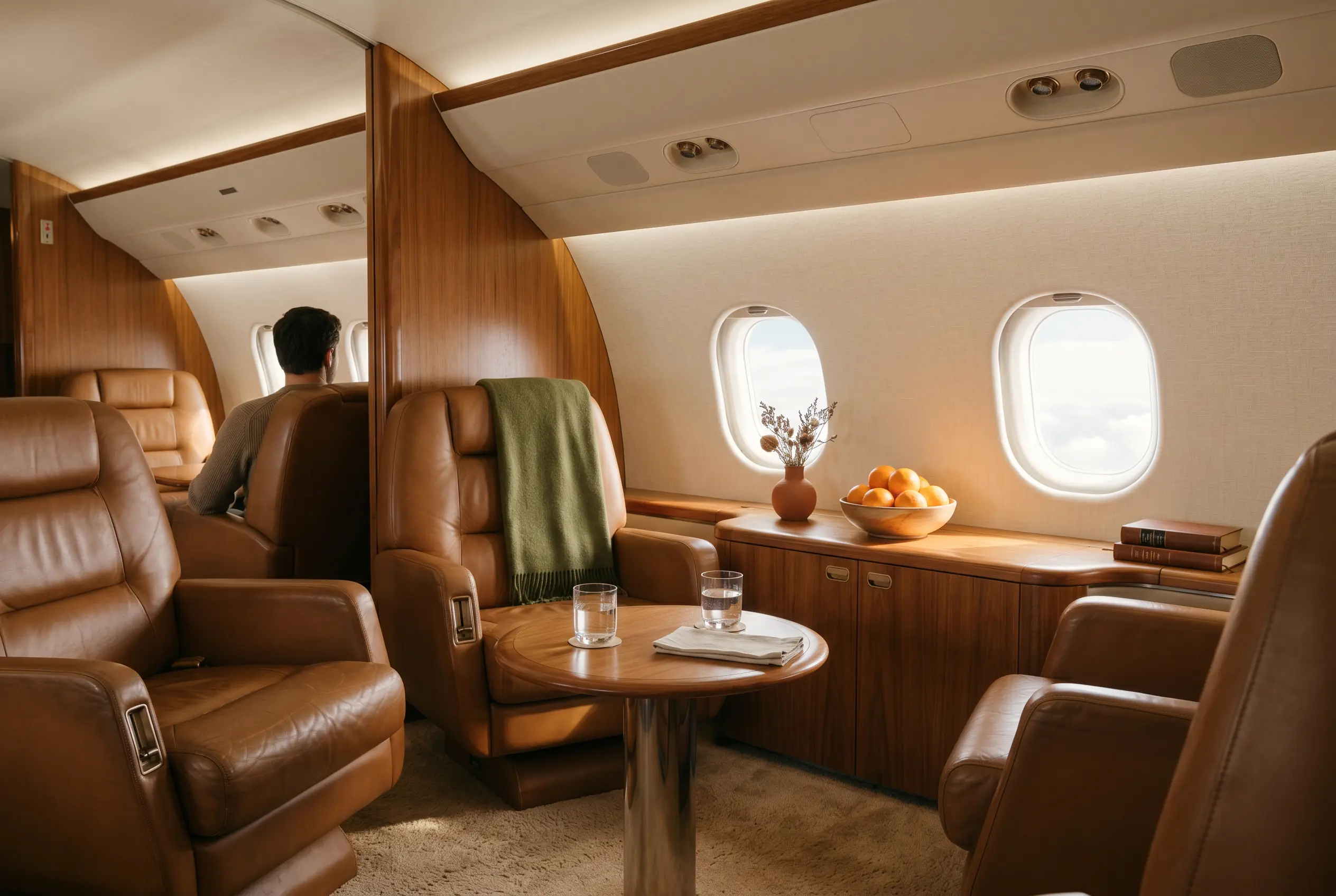 Warm-toned jet lounge with caramel leather club seats, a bowl of oranges on the sideboard catching the sun