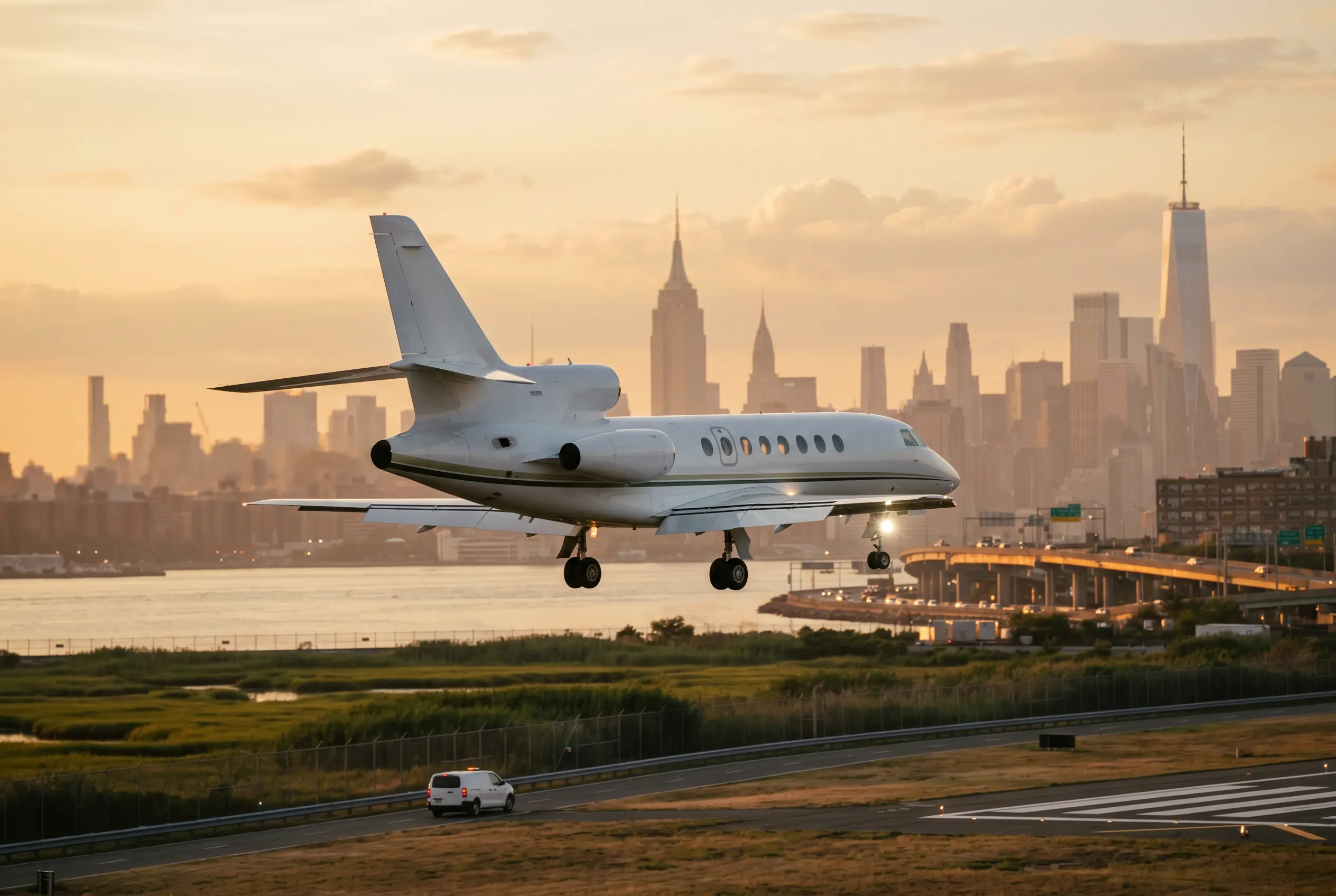 Falcon 900LX Classic three-engine jet on final approach at golden hour, landing lights bright against a hazy skyline