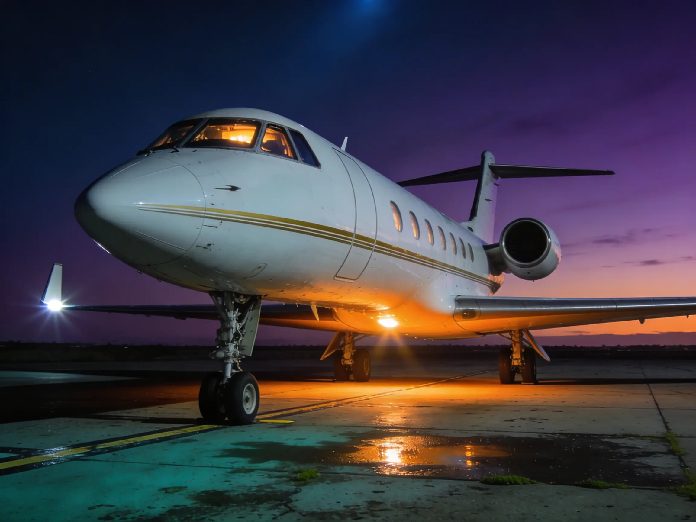 Private jet parked on the ramp at civil twilight with warm ground lighting