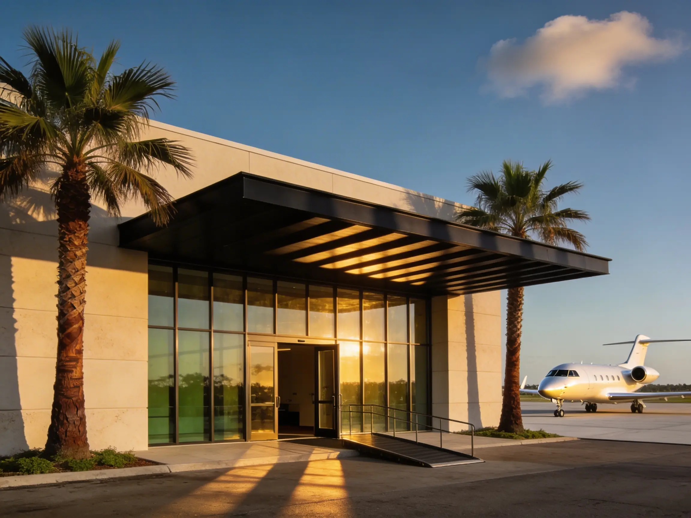 Modern private aviation FBO terminal in Miami with palm trees and jet on the ramp