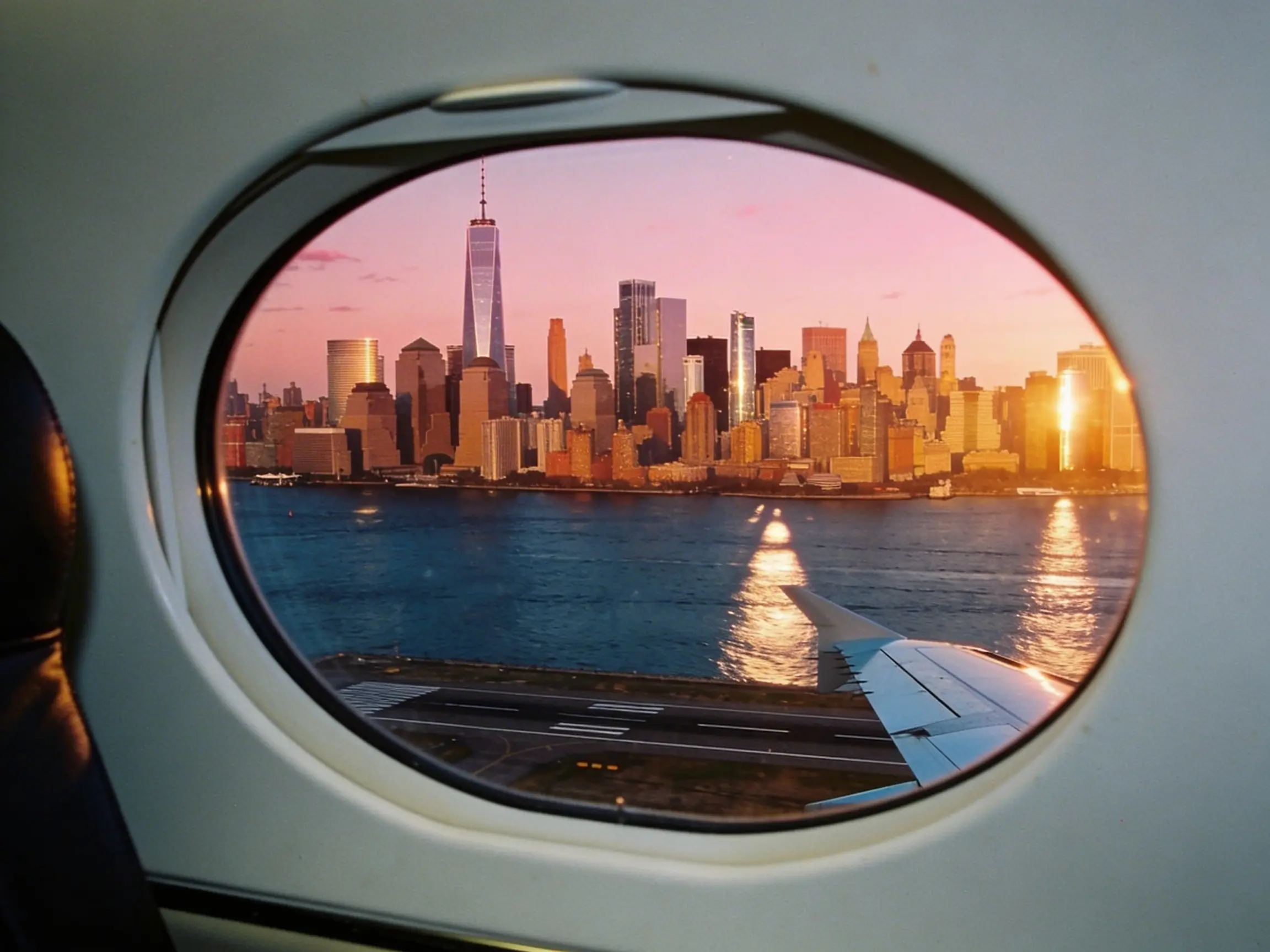 View from a private jet window approaching Teterboro with Manhattan skyline in the distance