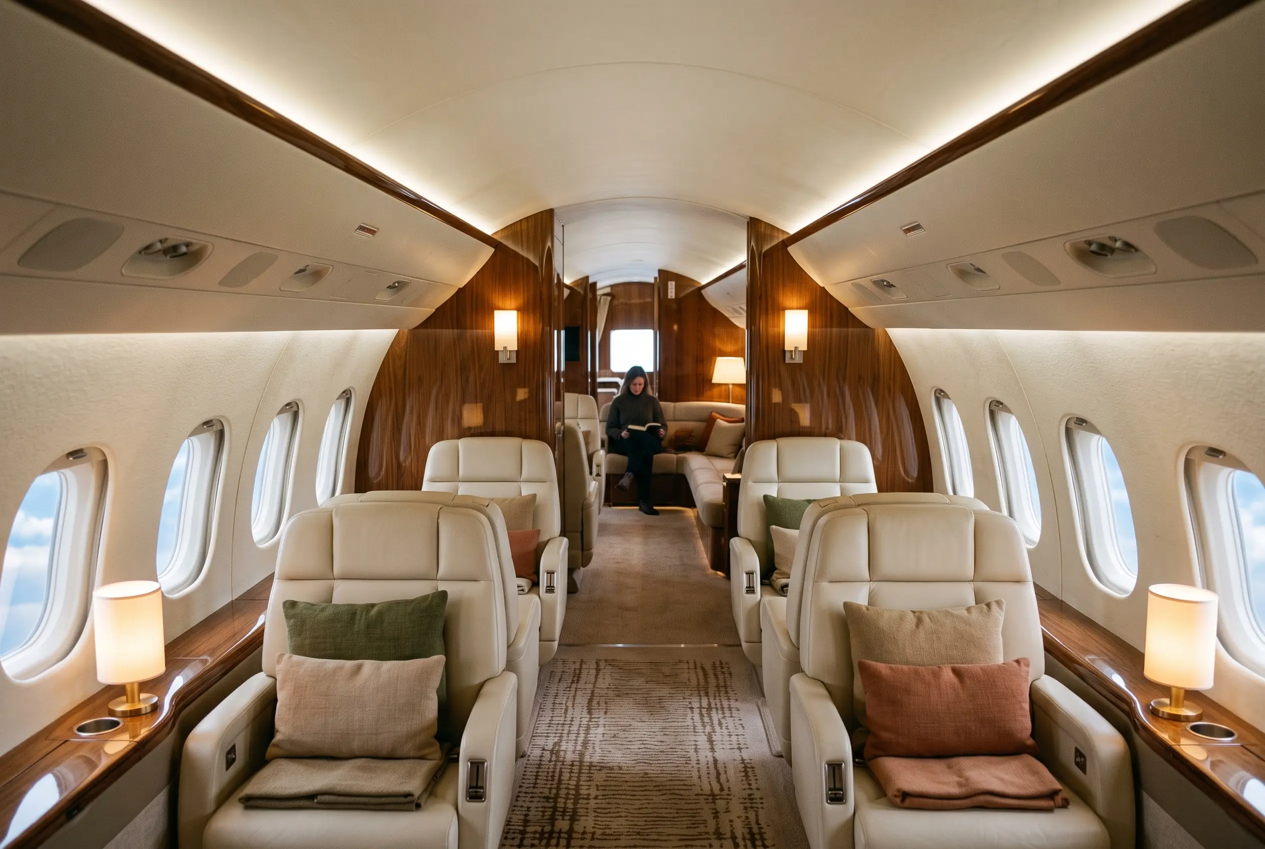 Long private jet cabin stretching toward a rear lounge, cream seats and soft pools of lamplight down the aisle