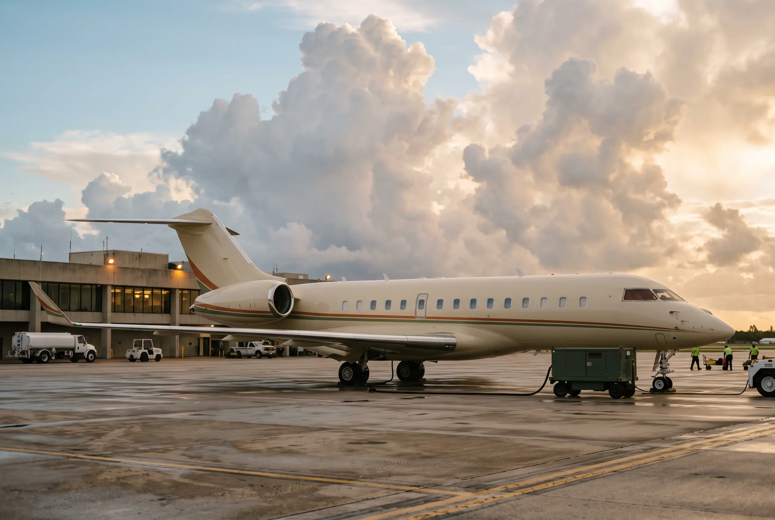 Global 5000 Large-cabin jet with high-set wing and twin tail engines waiting on the ramp under towering cumulus