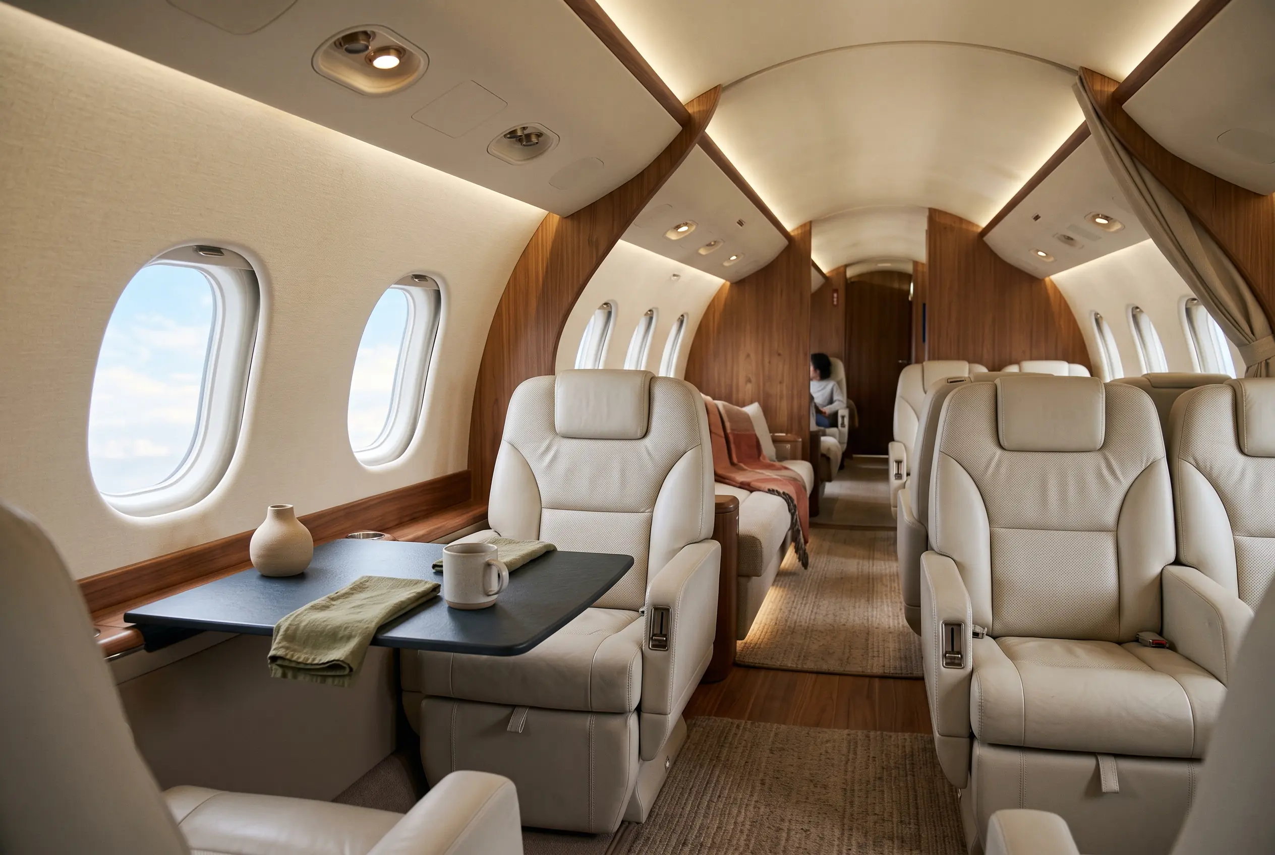 Contemporary jet interior with pale quartz-toned seats, a slate table and daylight washing down a long aisle