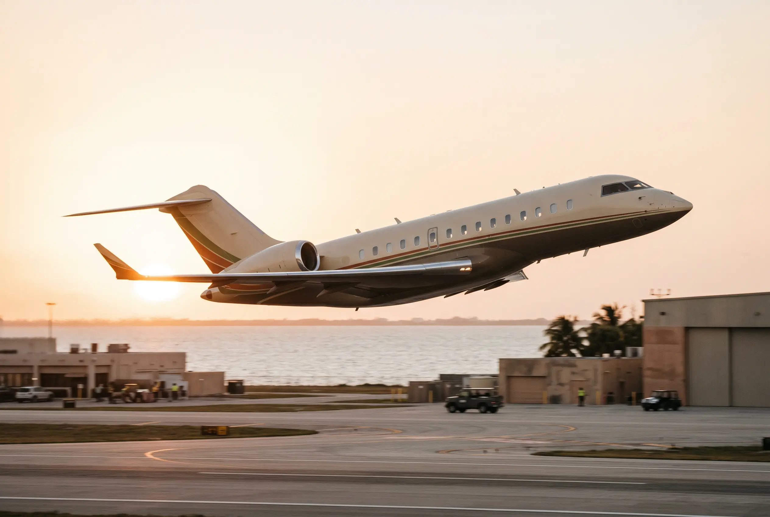 Global 5500 Modern long-range jet lifting off a coastal runway, winglets catching the first light of morning