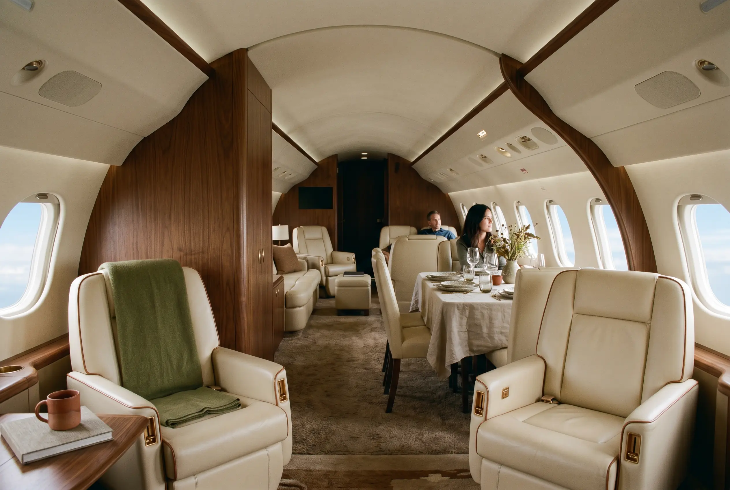 View down a three-room jet interior, dining table dressed in linen in the middle distance, lounge beyond