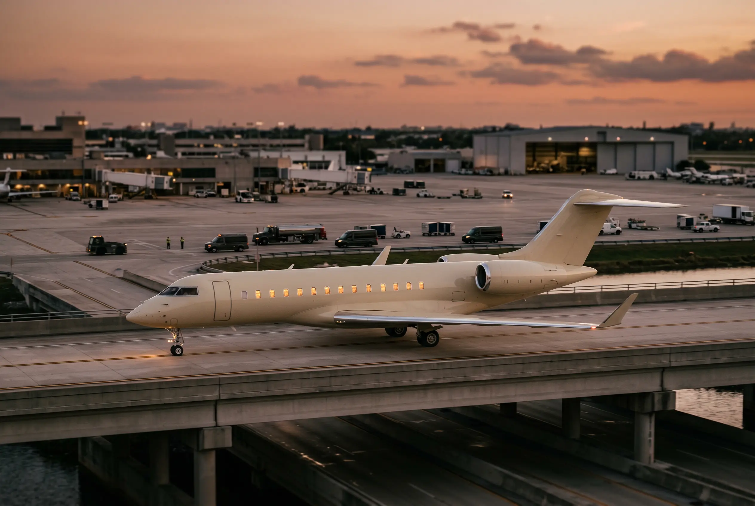 Global 6000 Long-fuselage private jet crossing a taxiway bridge at dusk, cabin windows glowing amber