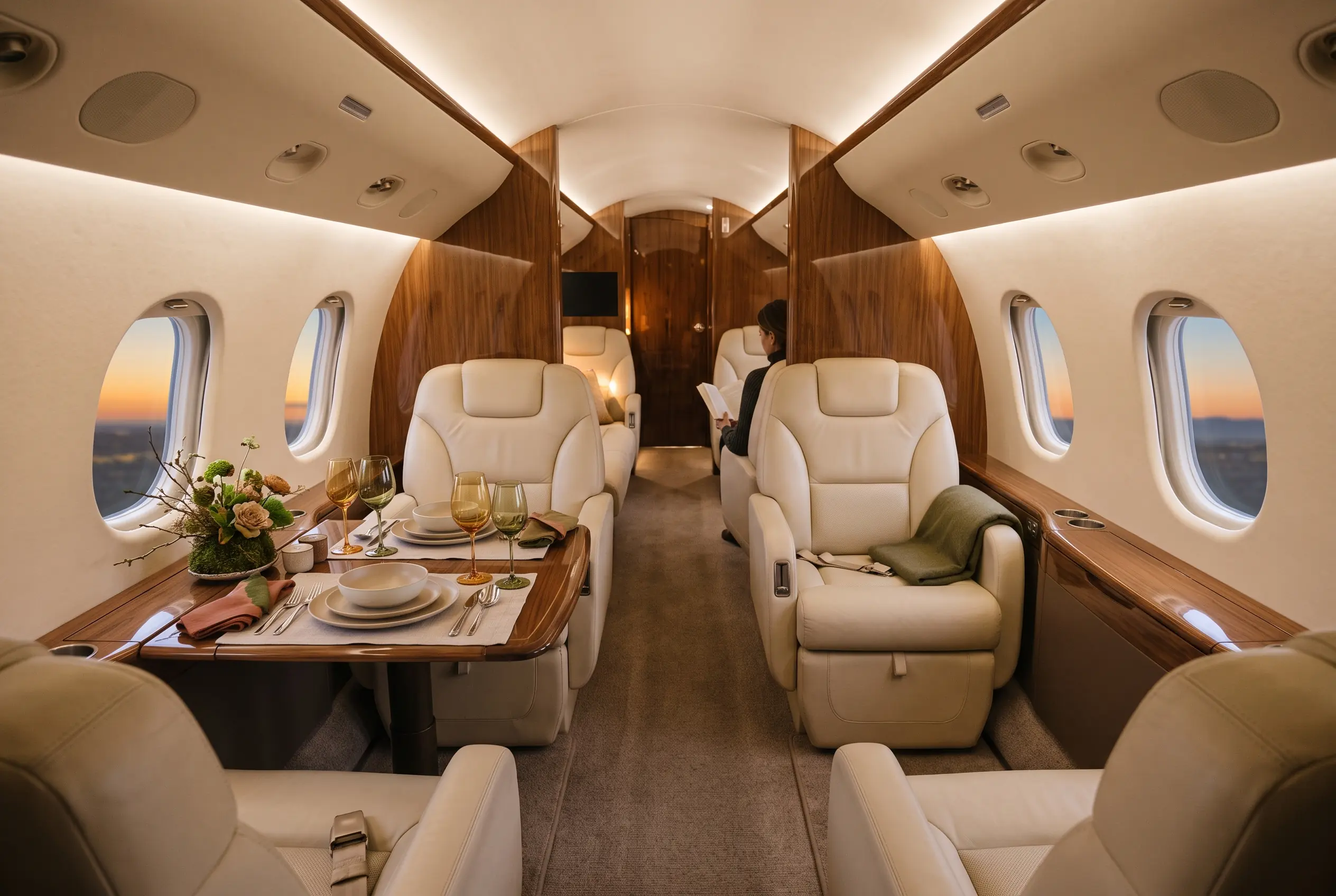 Long three-zone jet cabin at dusk, cream club seats giving way to a dining table set for four