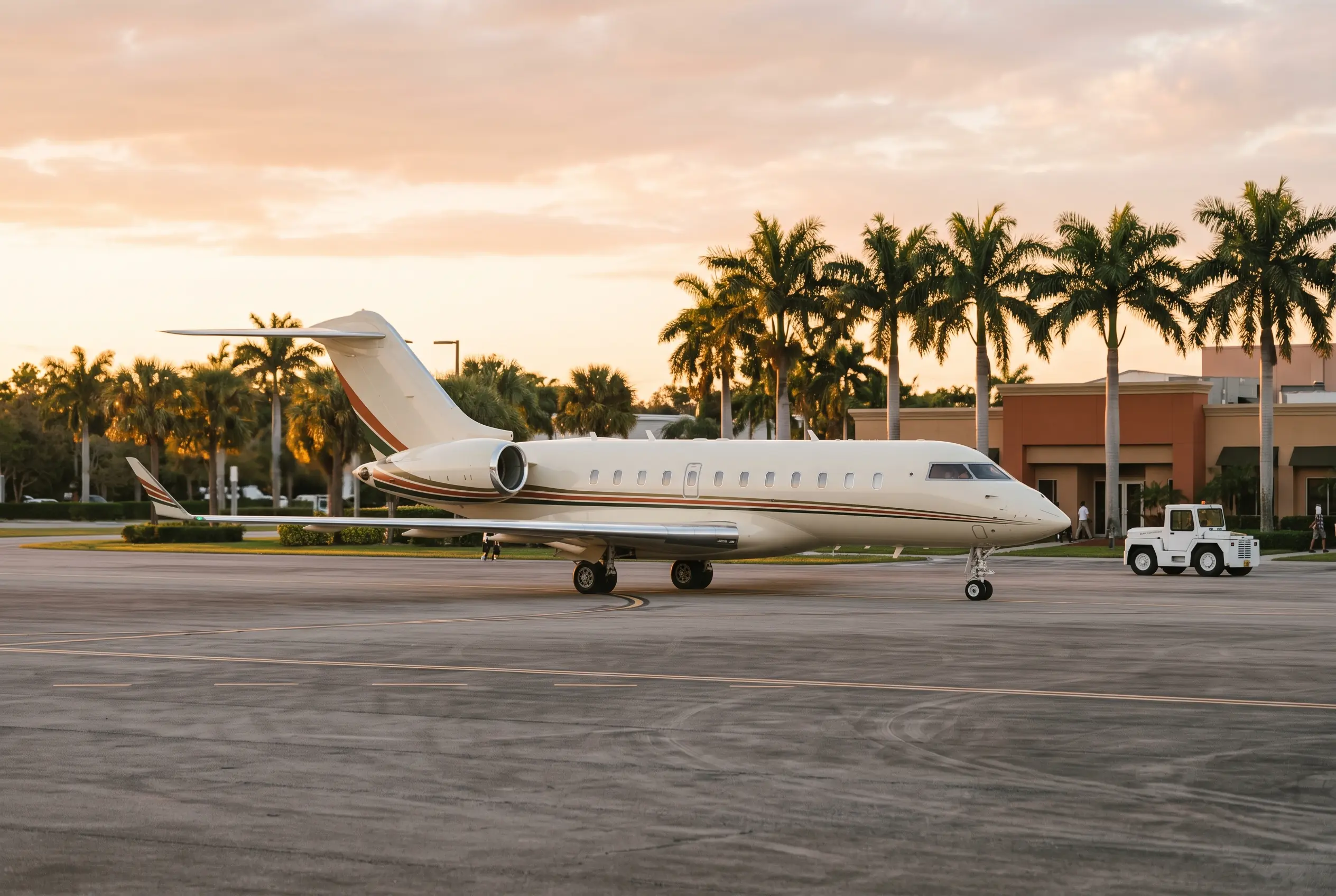 Large twin-engine jet with high-swept winglets taxiing past palms in warm evening light