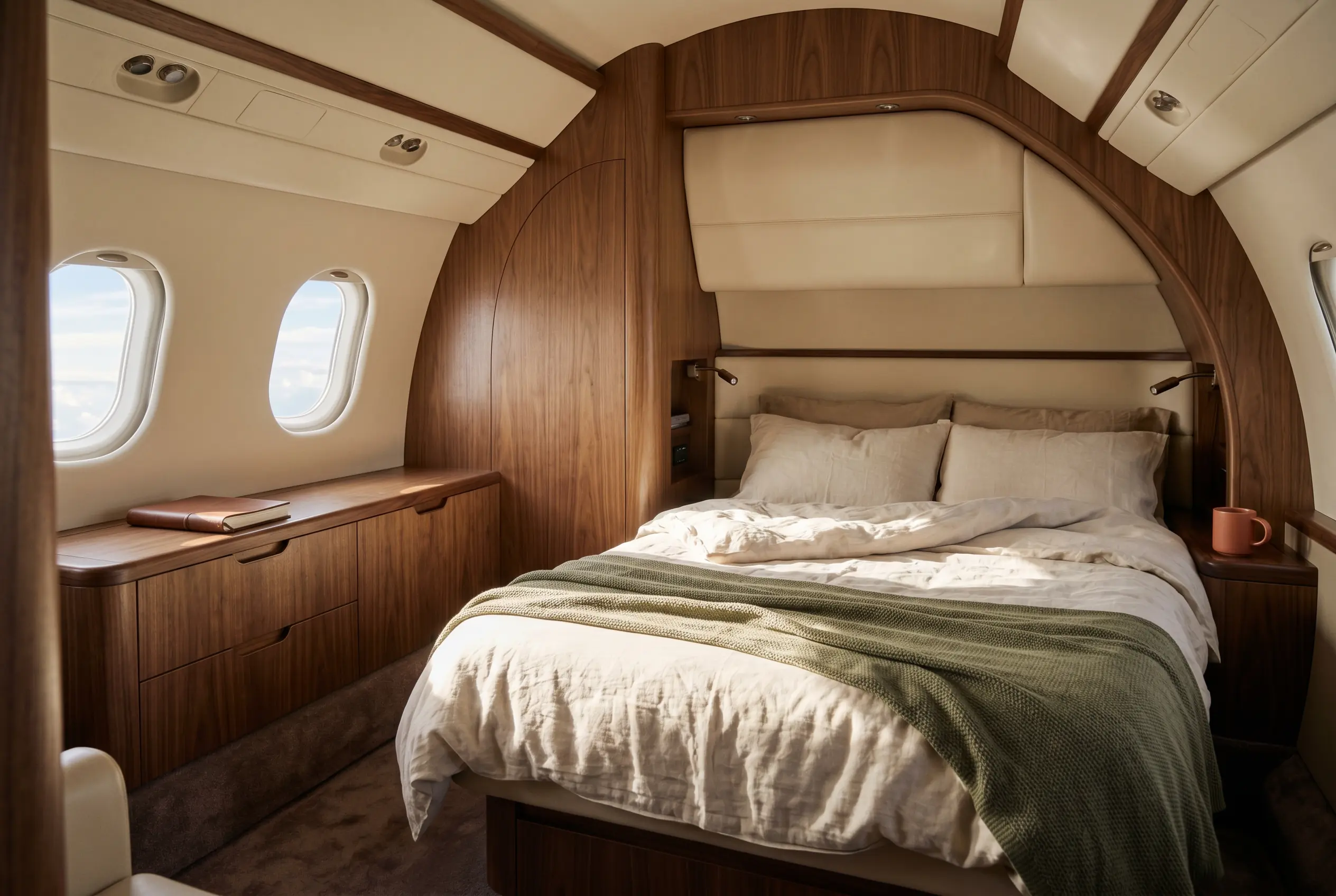 Private jet stateroom with a made bed in soft linen, morning light falling across the duvet