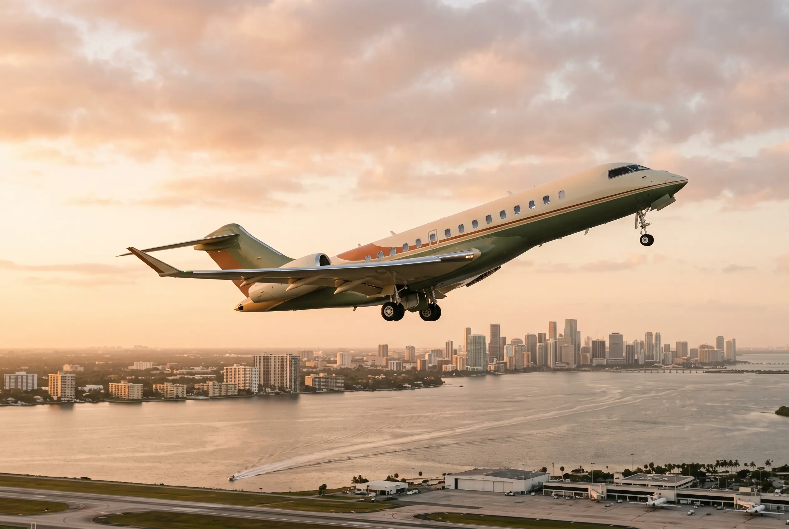 Global 7500 Long-fuselage business jet climbing over Biscayne Bay at sunrise, gear folding away