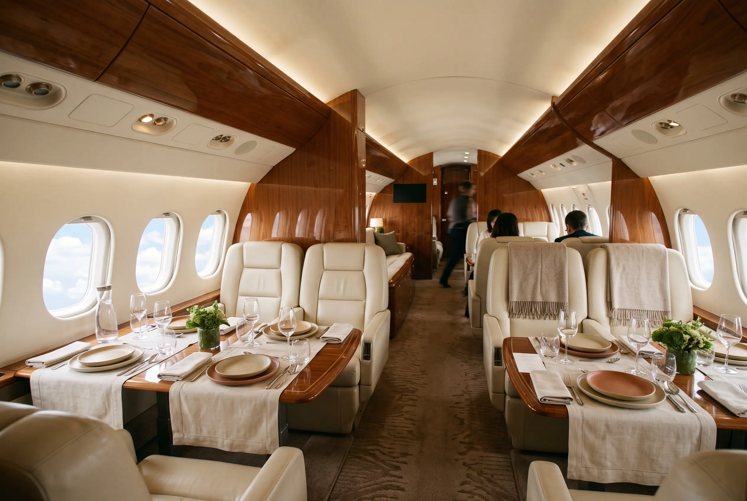 Long VIP airliner cabin with wide paired seats and tables laid for a large travelling party