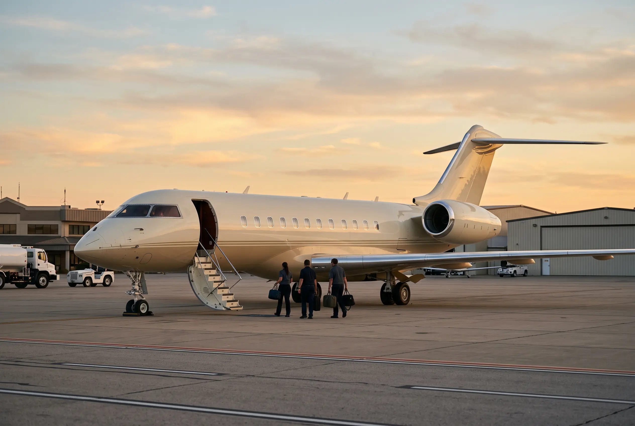 Group Charter Flights Group gathered at dusk beside a heavy jet's airstair while crew load the luggage