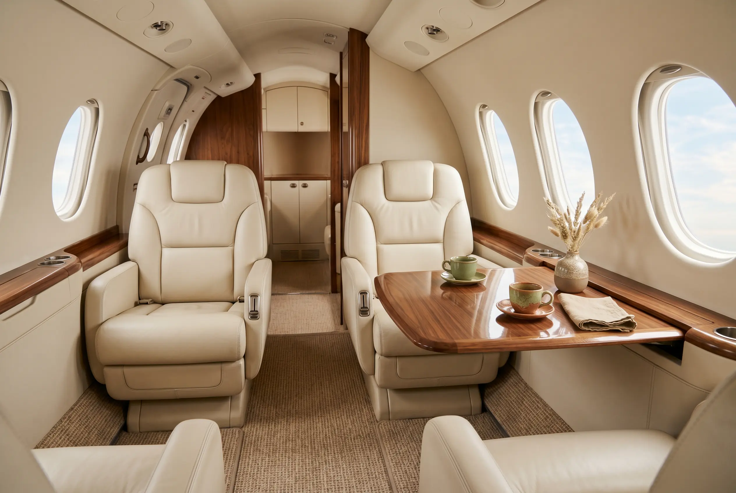 Gulfstream G150 cabin with wide oval walls, cream seats and large oval windows spilling light across a walnut table