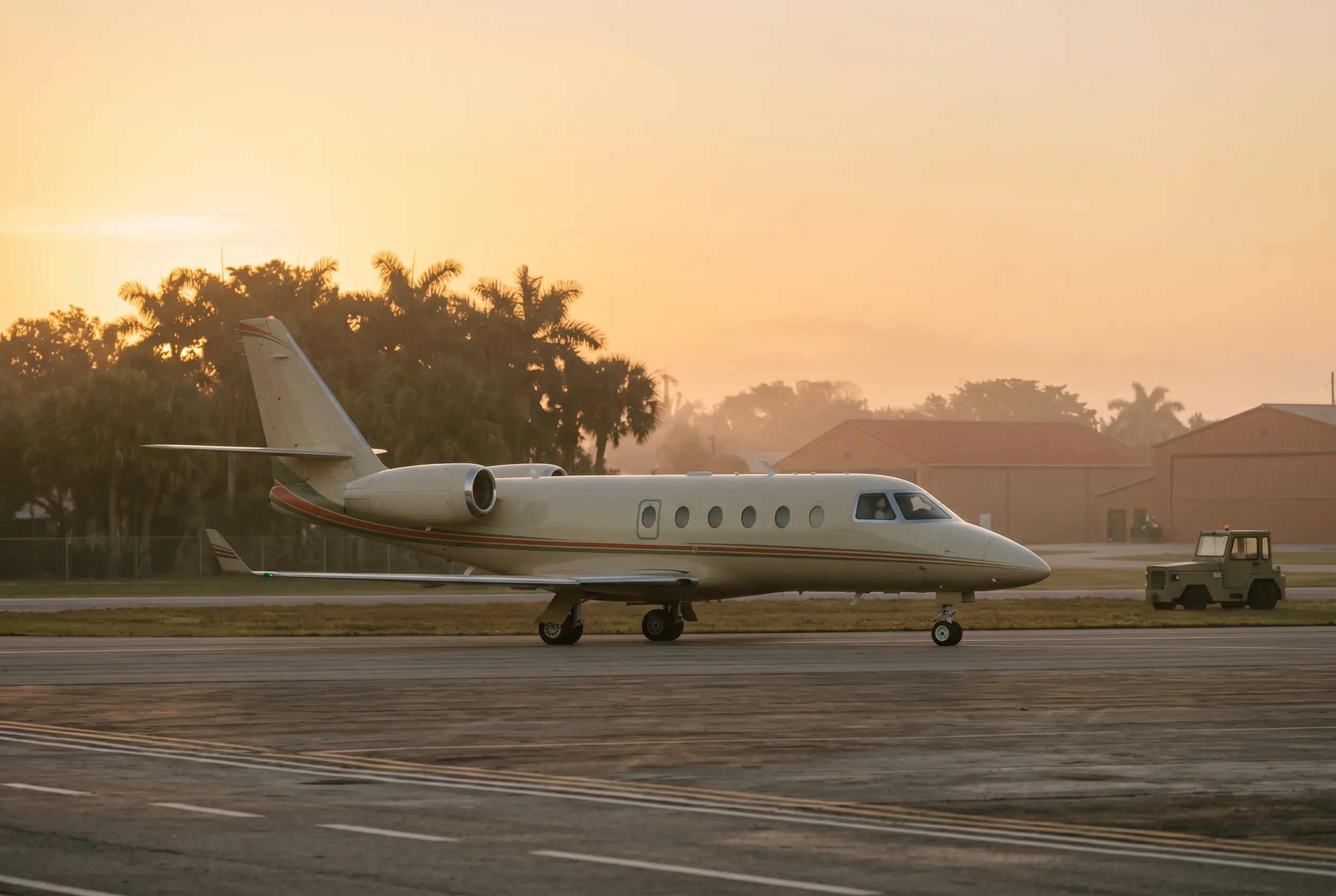 Gulfstream G150 Gulfstream G150 holding short at dawn, haze softening the palms behind its swept wing