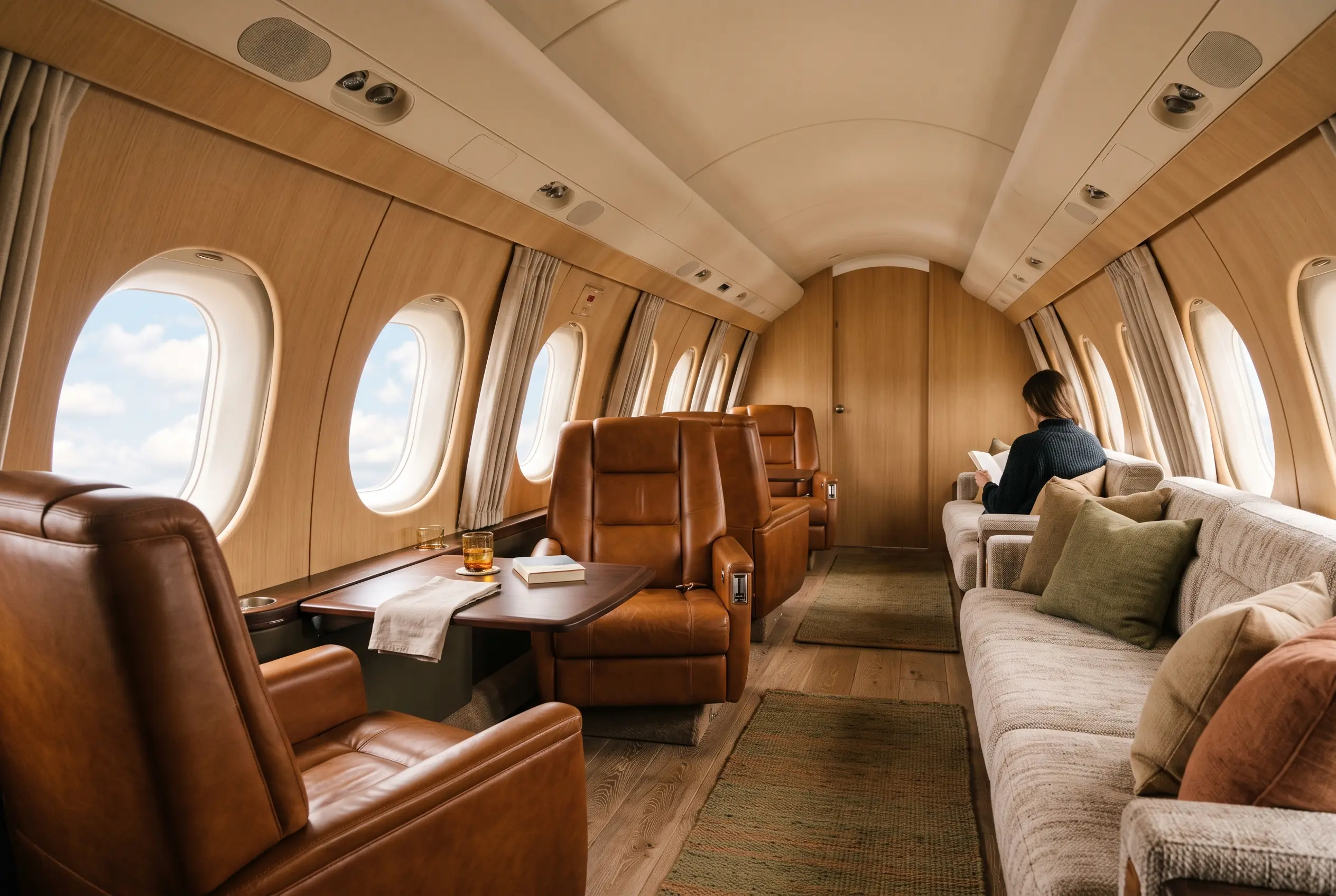 Tall oval jet cabin with deep caramel leather chairs, a long divan along one wall and soft light through big oval windows