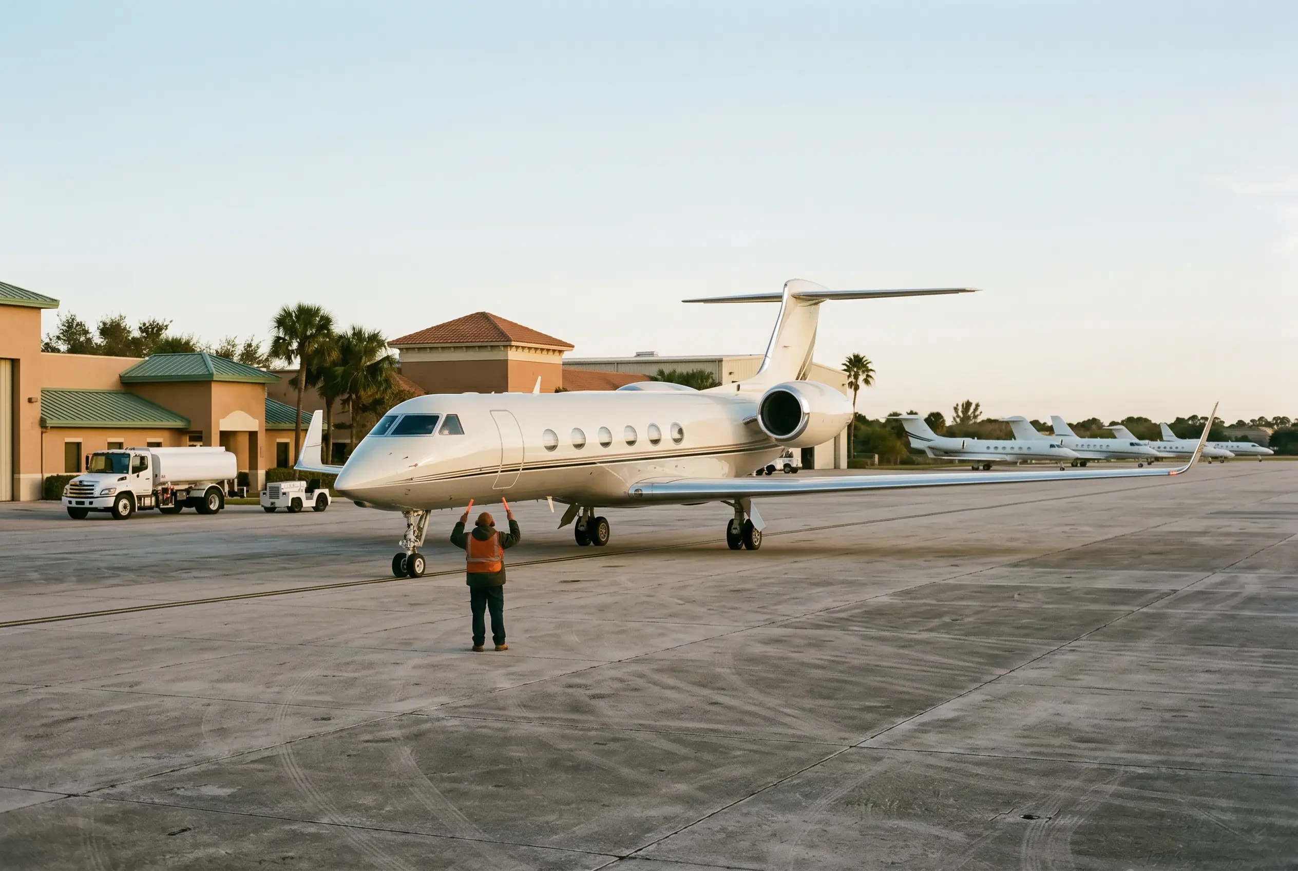 G200 Broad-shouldered business jet being marshalled onto a busy executive ramp under a bright winter sky