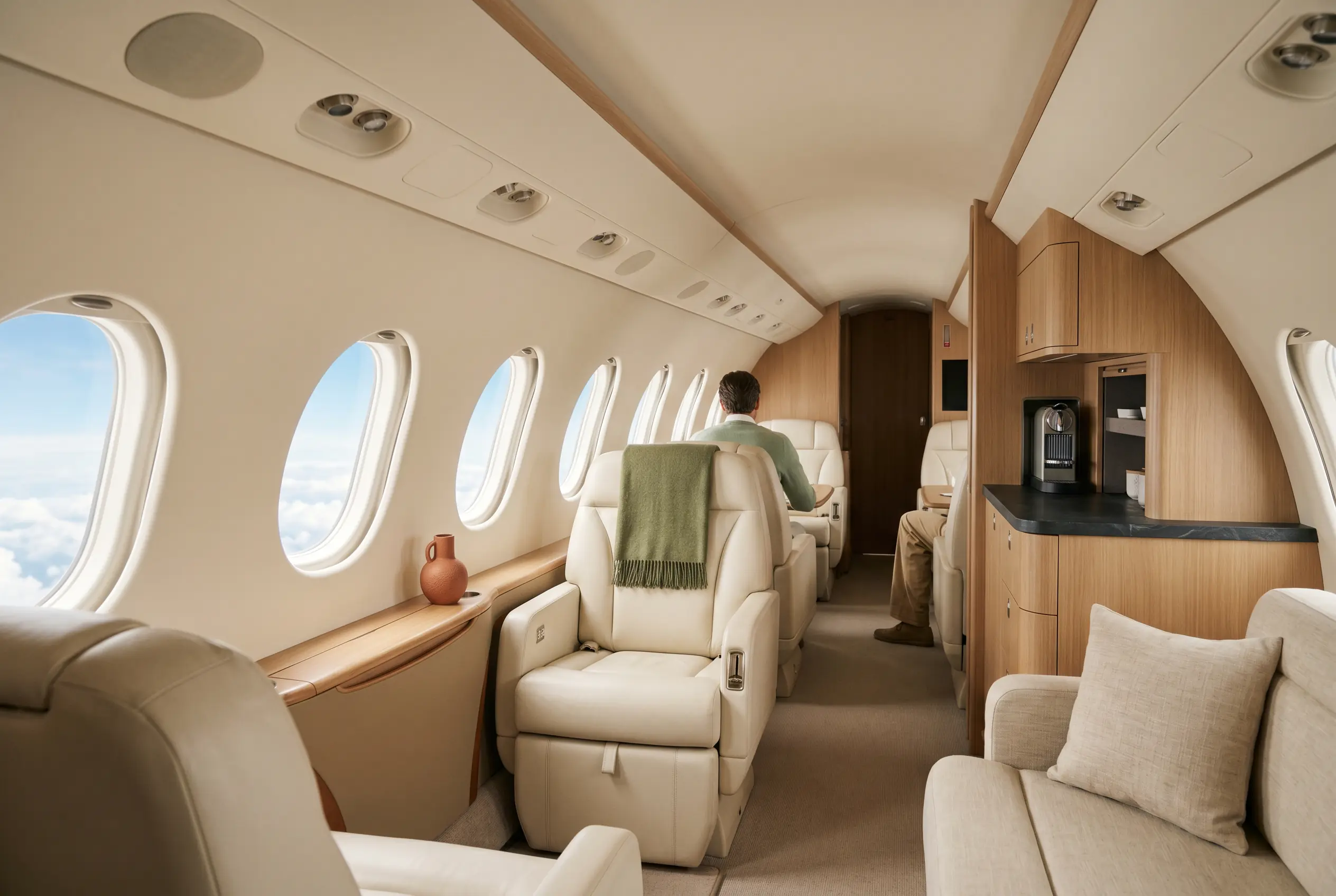 Airy stand-up jet cabin flooded with daylight from oversized oval windows, ivory seats and a slate galley counter forward