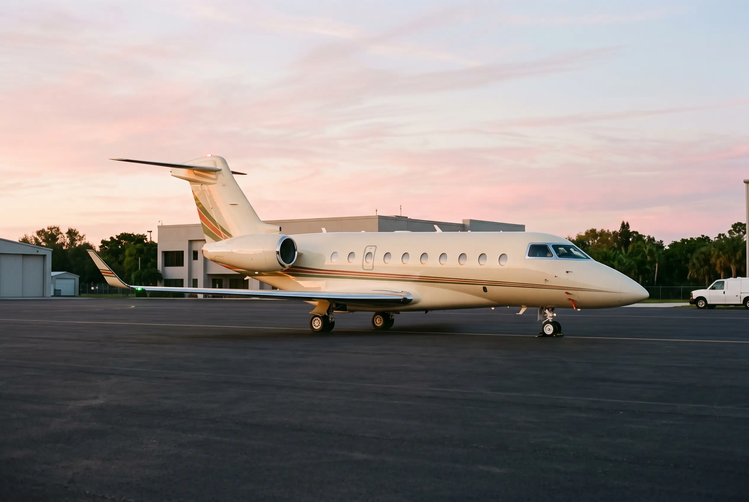 Poised super-midsize jet holding short of a runway at first light, T-tail catching the pink of the sky