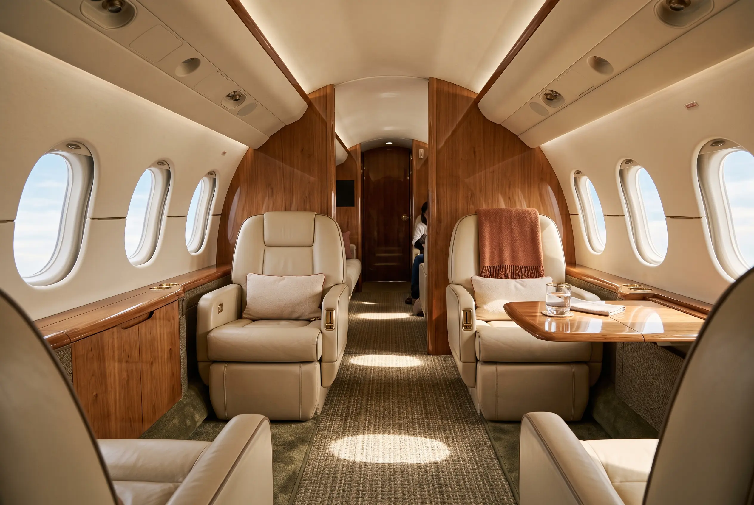Stately jet cabin with deep leather club chairs, oval windows throwing soft ellipses of light across the carpet