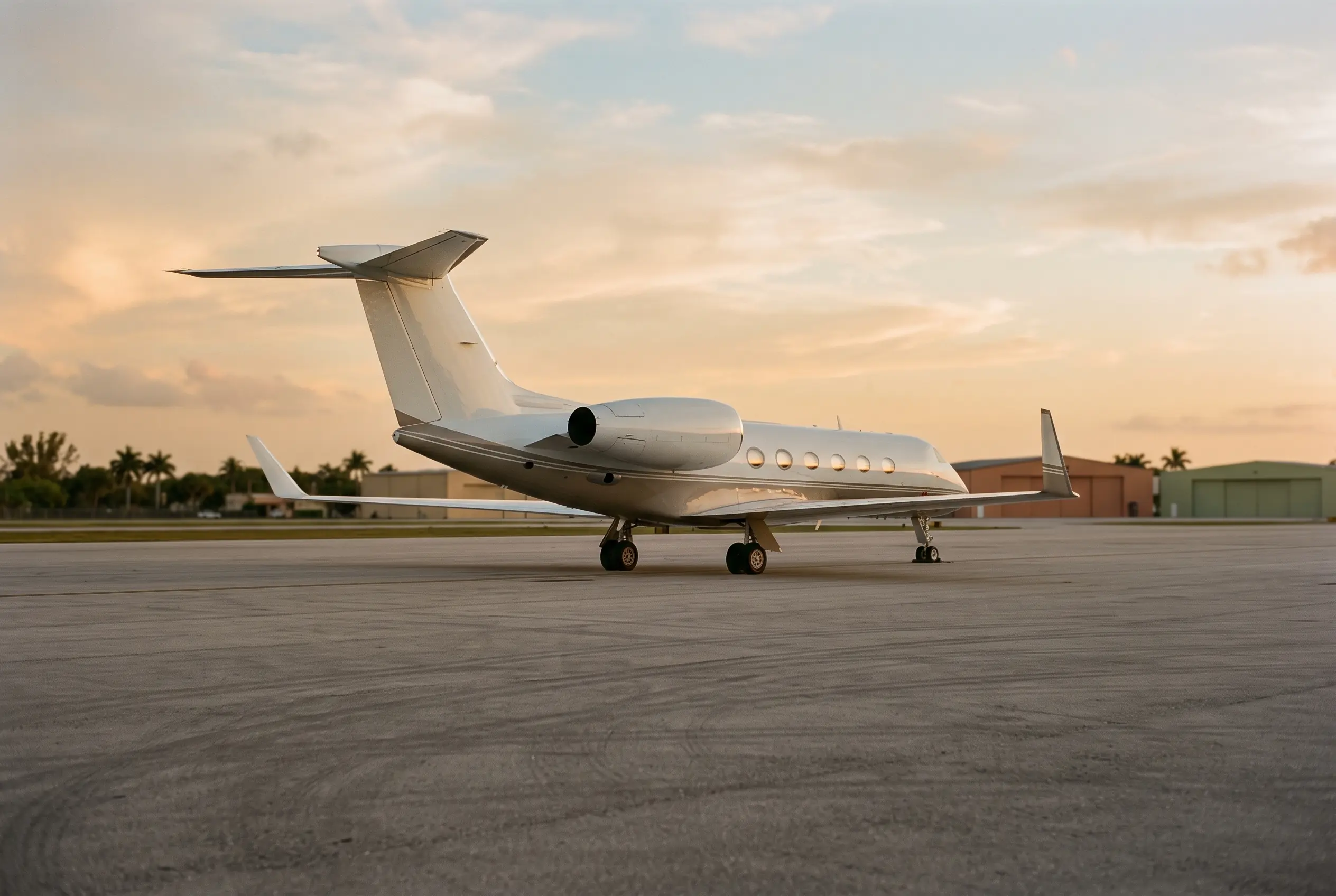 G450 Classic large-cabin jet holding short of the runway in evening haze, strobes pulsing