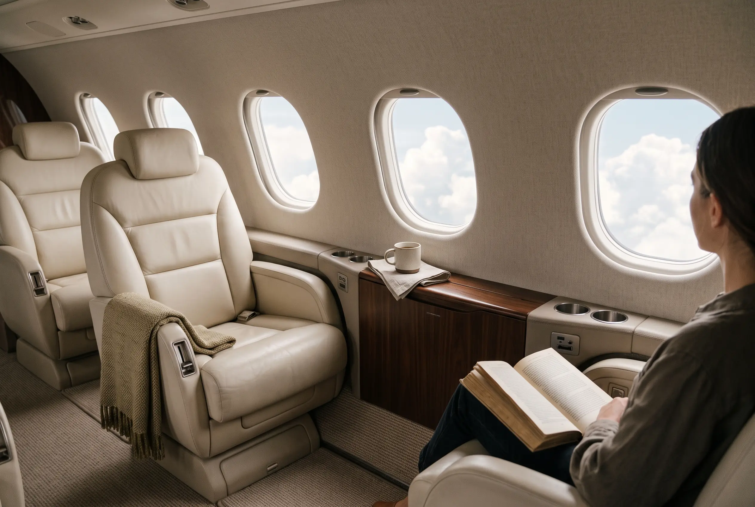 Minimal, light-flooded jet interior with sculpted seats in bone leather and enormous windows framing clouds