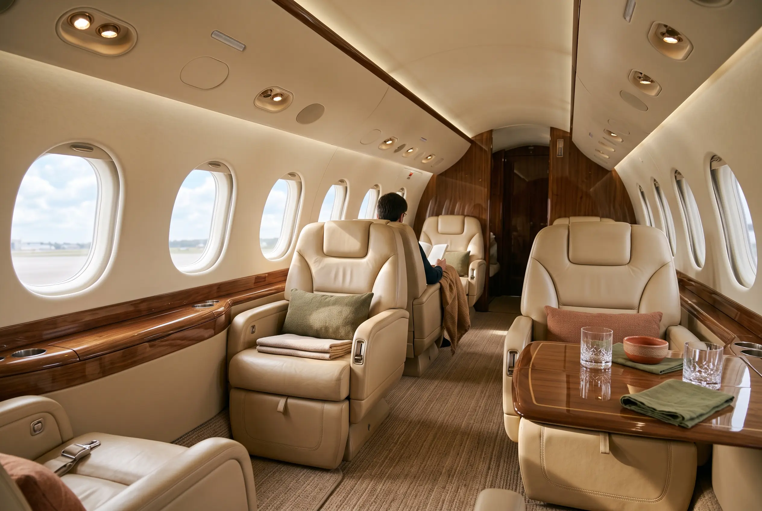 Sunlit large-cabin jet interior, oval windows throwing soft light onto tan leather club seats