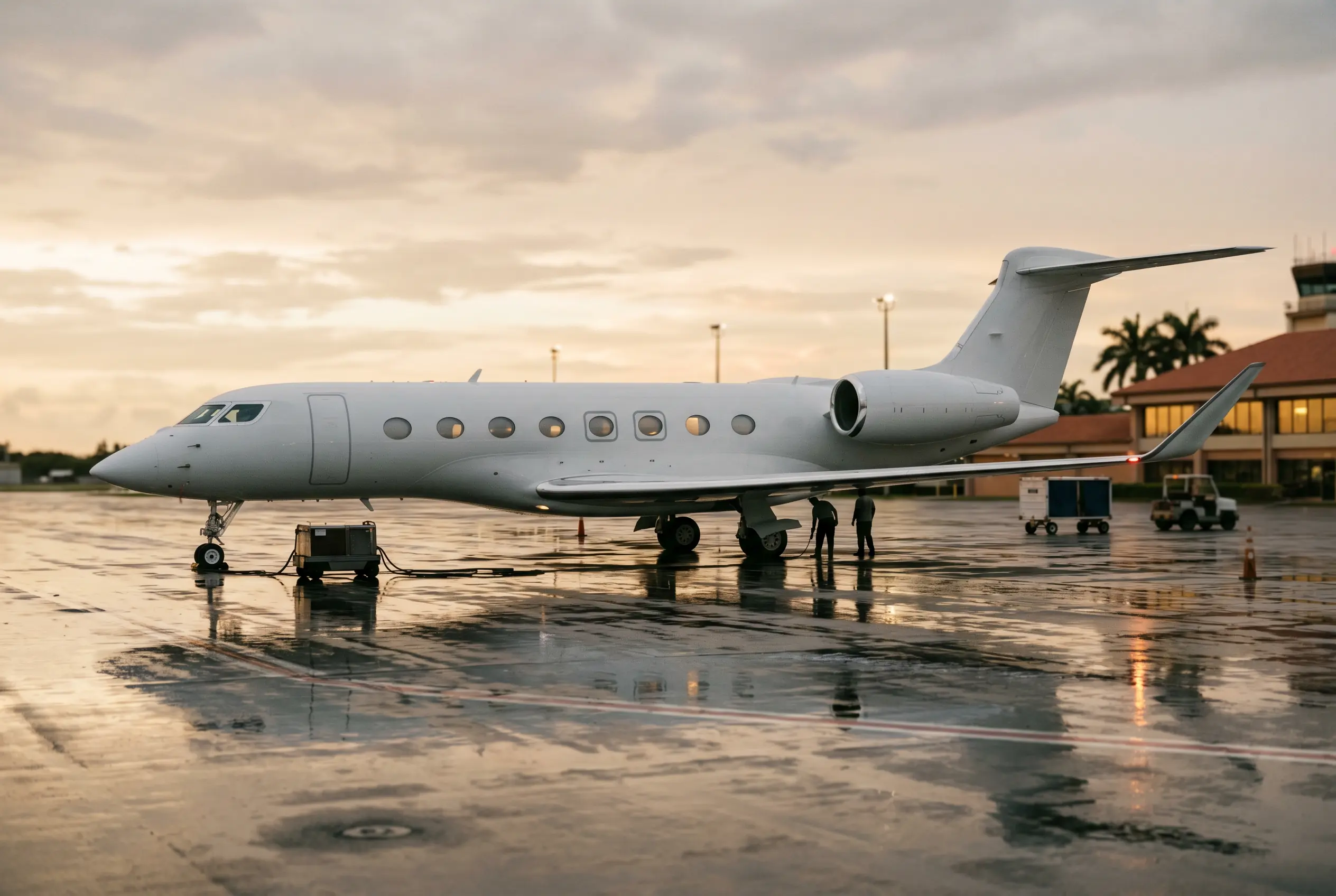 G550 Long-range business jet on a wet evening ramp, reflections pooling under the fuselage