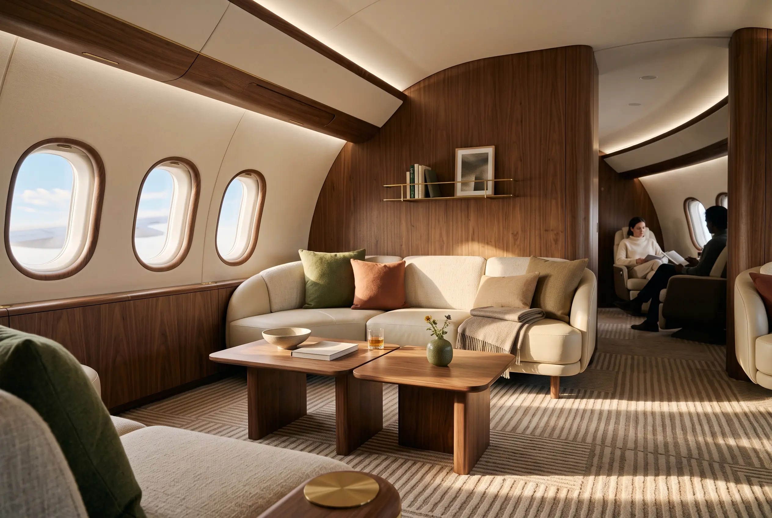 Serene modern jet lounge in pale wool and walnut, low sun striping the carpet through oval windows