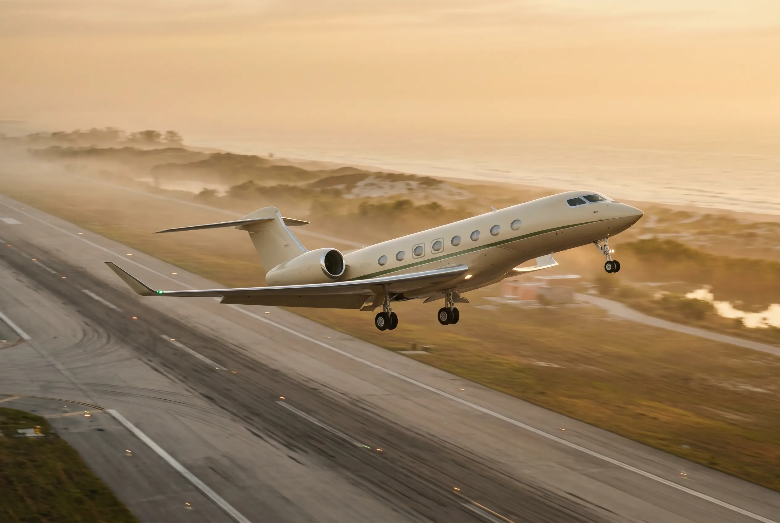 G600 New-generation business jet lifting off in golden morning haze, coastline blurred beyond