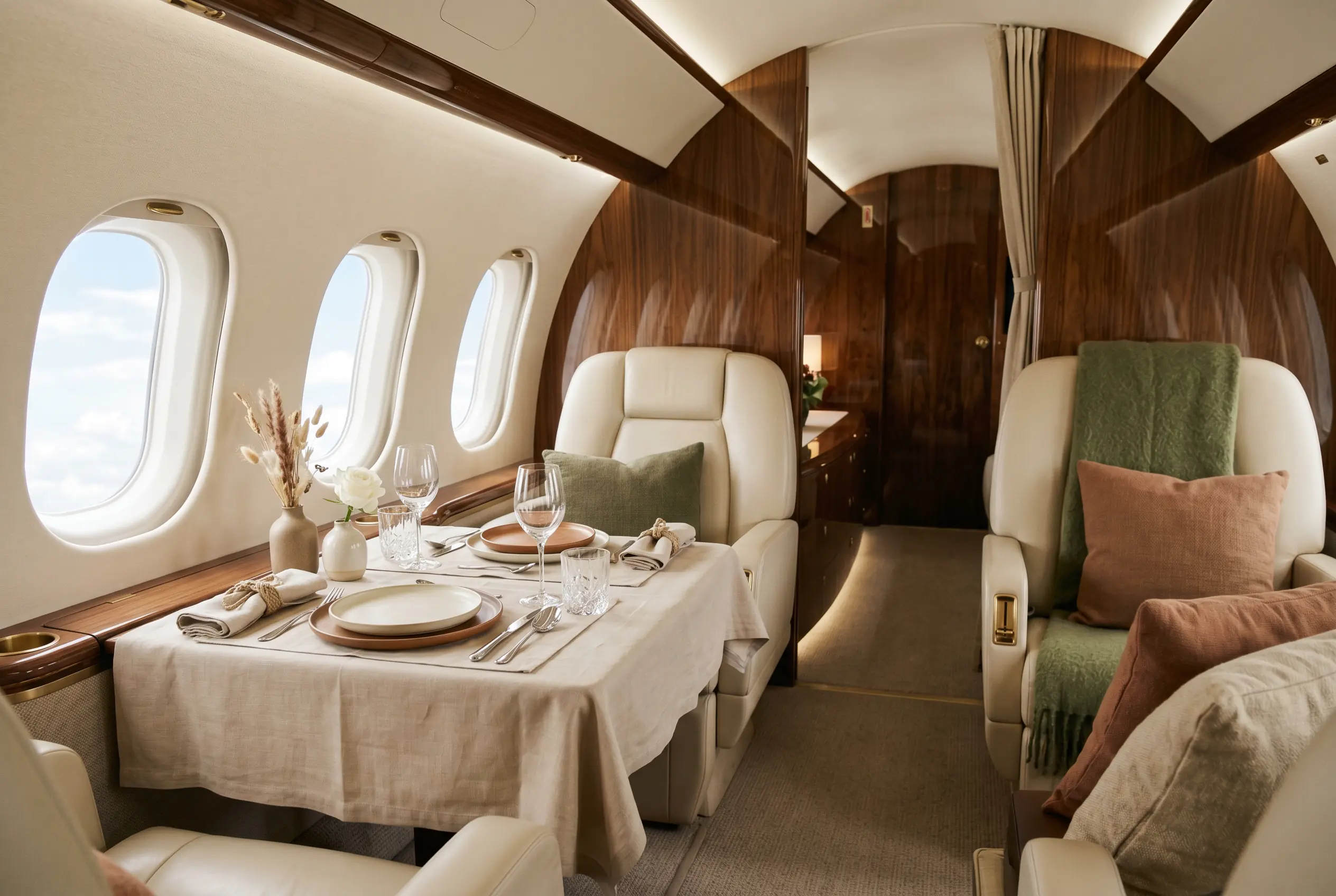 Wide jet cabin bathed in window light, a linen-set dining table waiting between deep armchairs