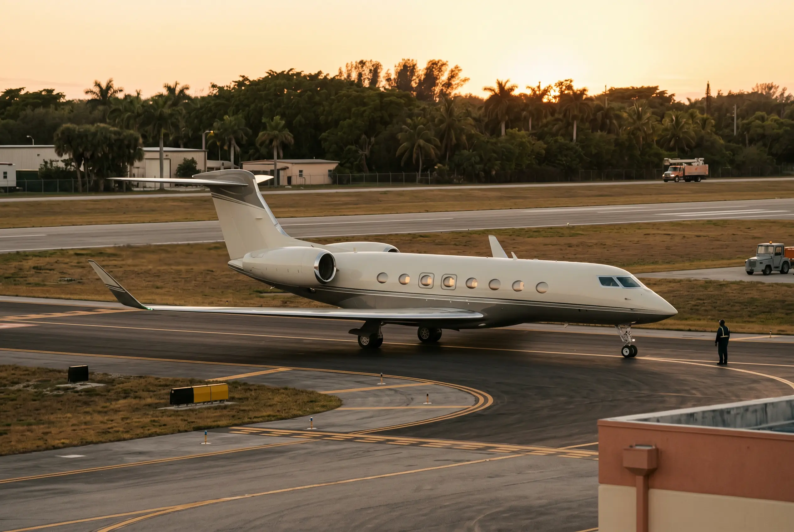 G650ER Sleek large-cabin jet holding short of the runway as the sun drops behind the tree line