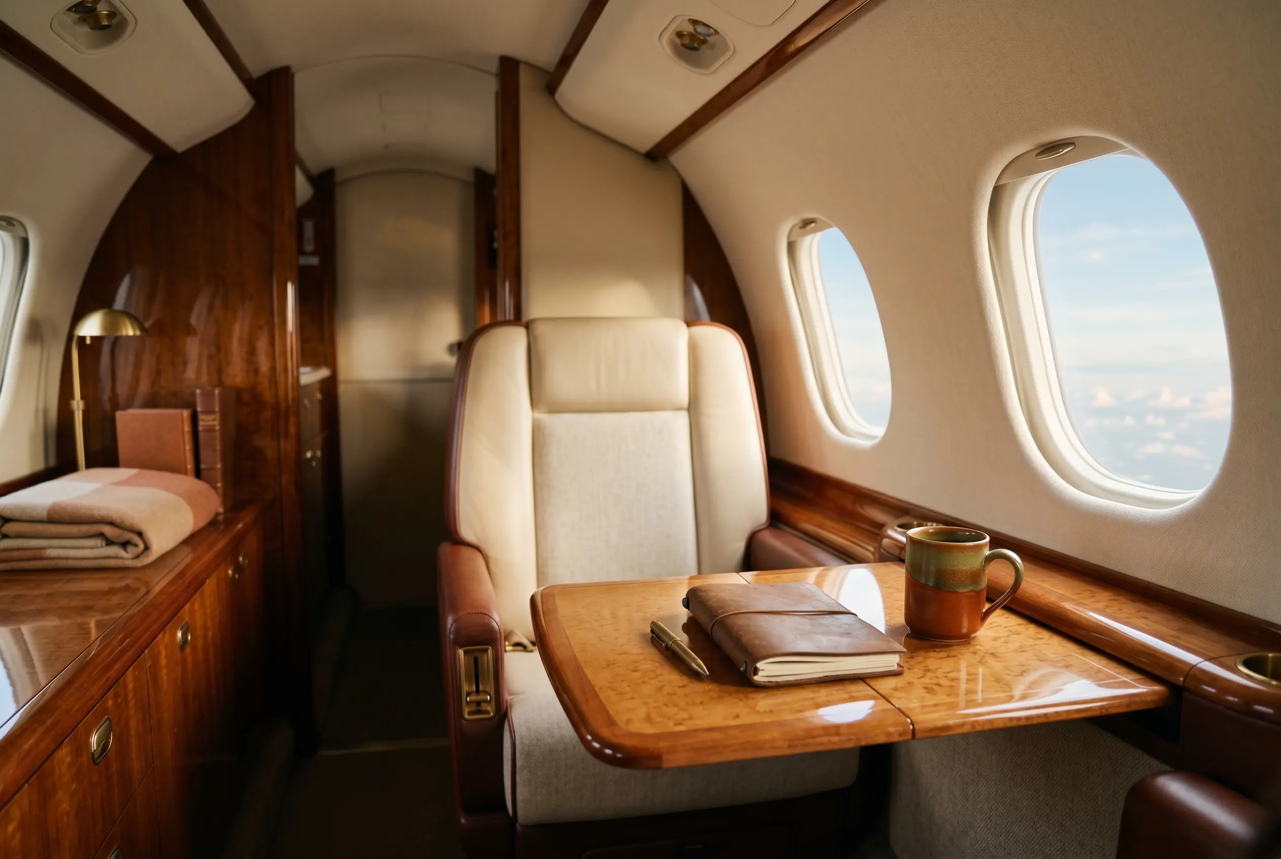 Classic jet cabin in chestnut leather and high-gloss veneer, afternoon light warming a fold-out worktable