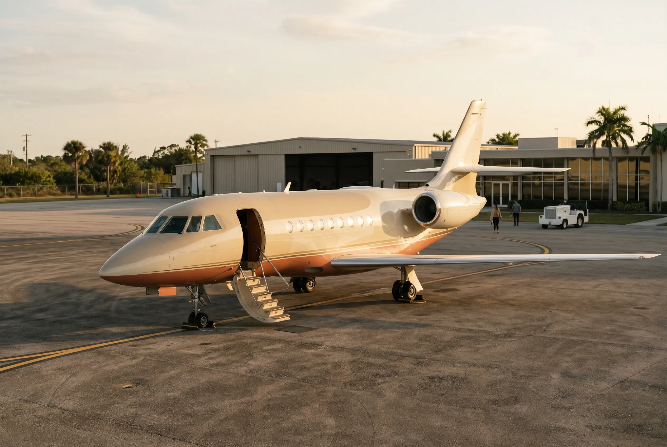 Hawker 4000 Solid twin-engine jet parked nose-out on a quiet ramp at golden hour, chocks in and door open
