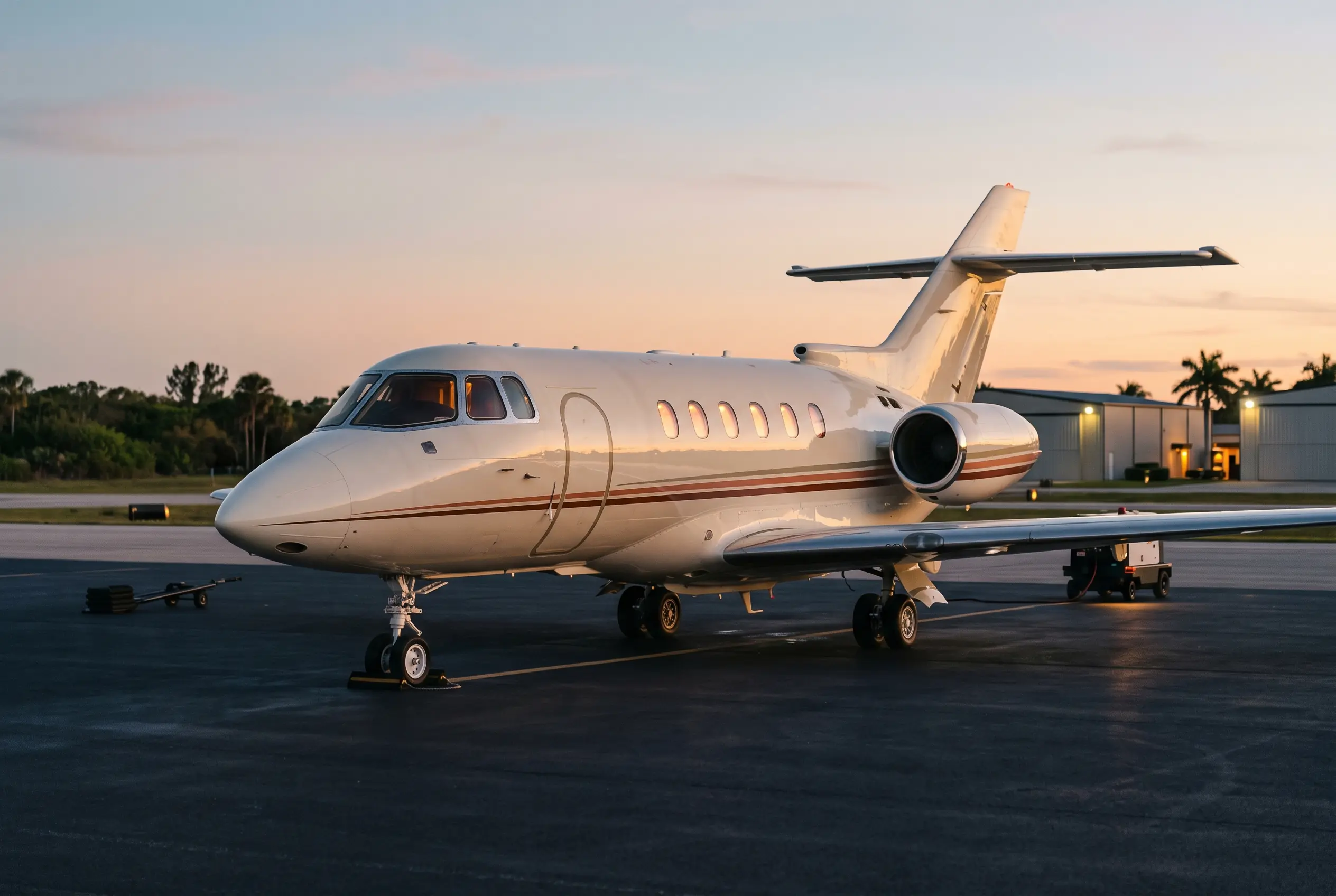 Hawker 800XP Hawker 800XP parked on a quiet ramp at dusk, cabin lights warm through a row of round-cornered windows