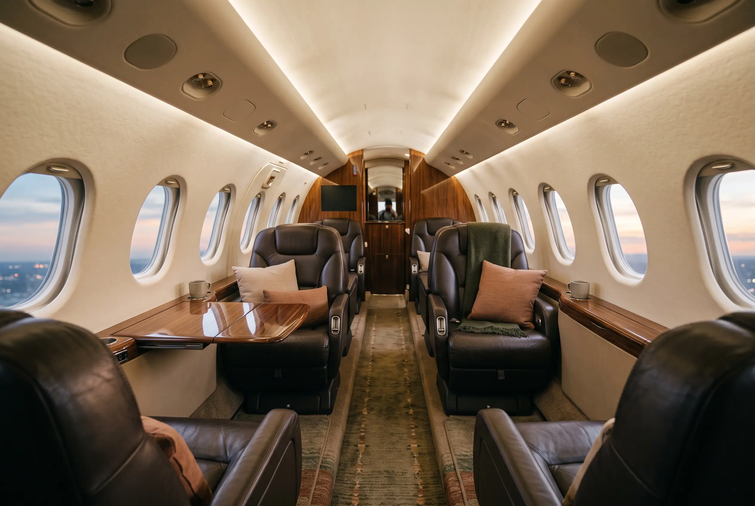 Hawker 900XP interior in soft evening light, eight espresso leather club seats facing over polished fold-out tables