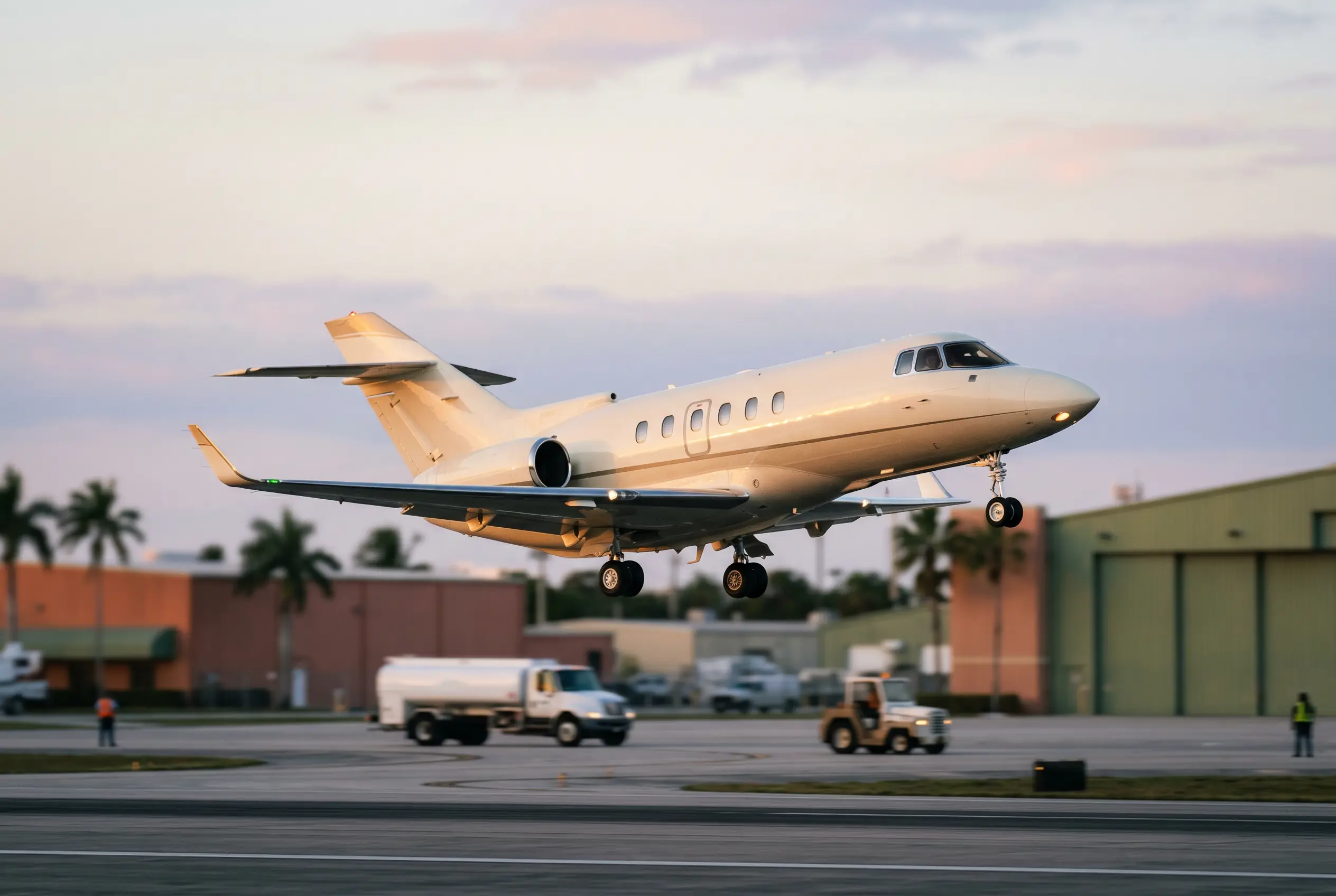 Hawker 900XP Hawker 900XP lifting off into a pastel sky, winglets catching the last of the sun