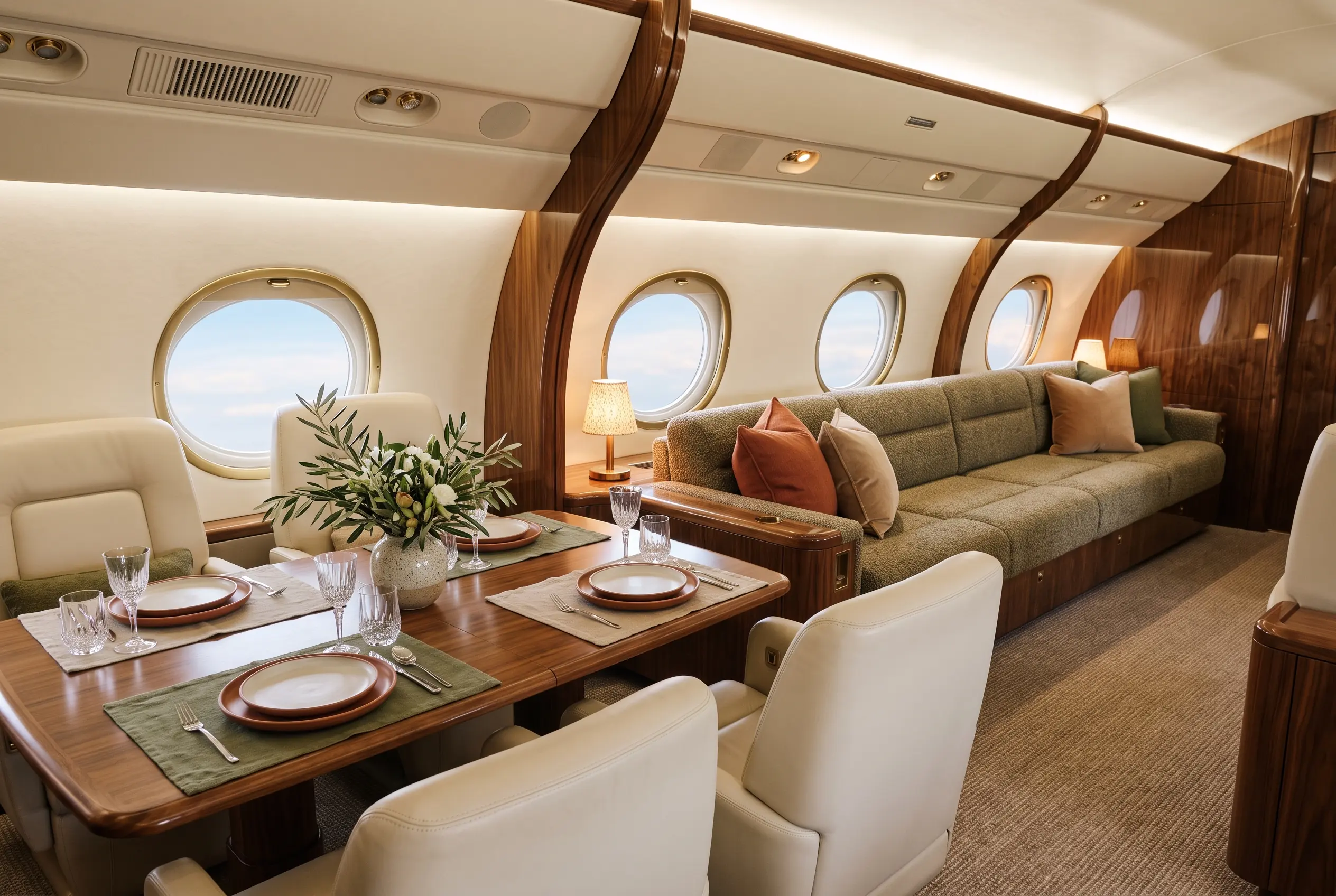 Heavy jet cabin with a polished conference table set for four and a long divan beyond