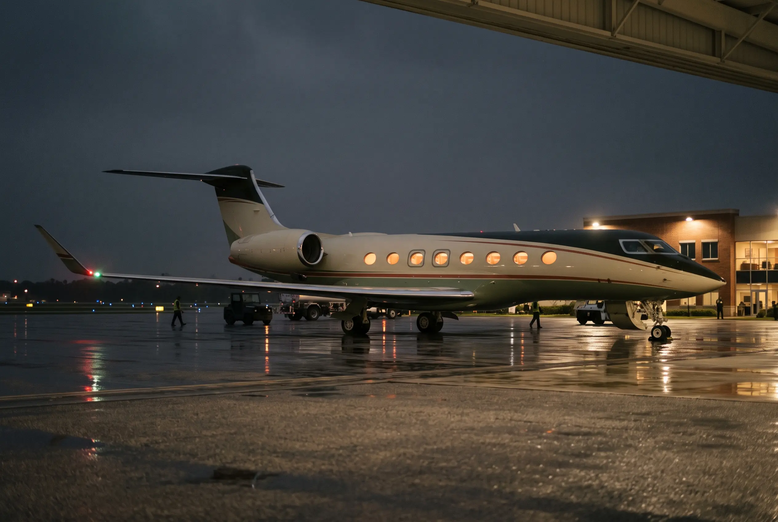 Heavy Jets Large-cabin jet on a wet evening ramp, warm light spilling from a long row of oval windows