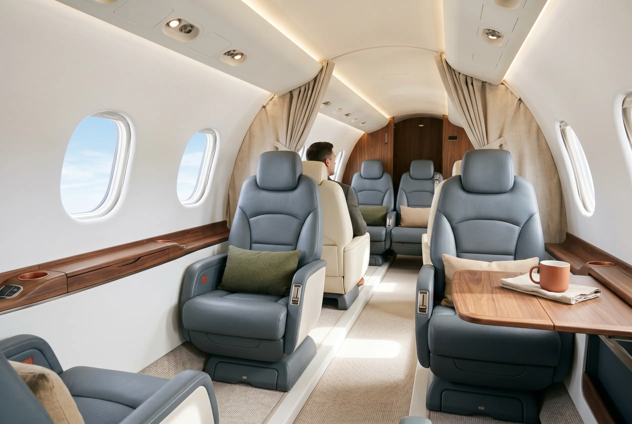 Modern light jet interior with slate-gray seats, clean white sidewalls and daylight spilling across the aisle