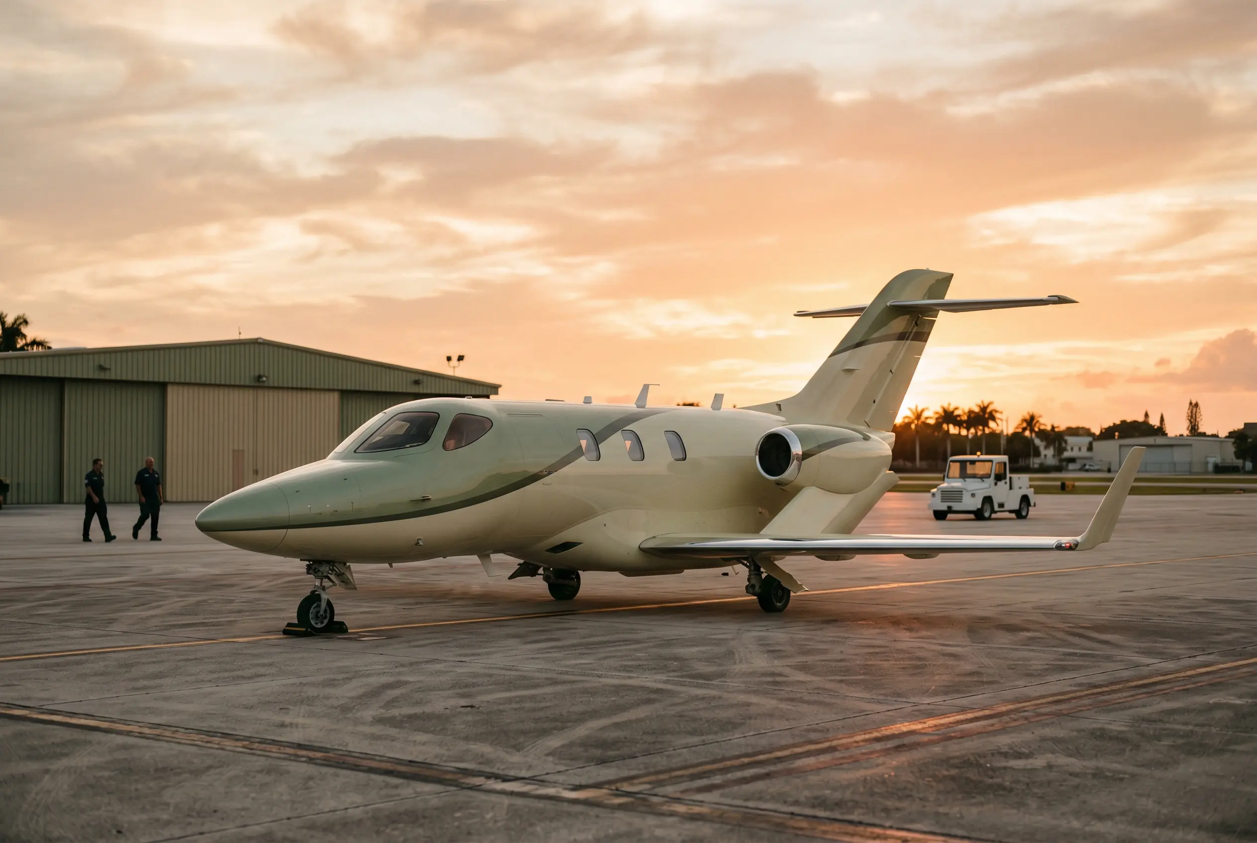 Distinctive small jet with engines perched above the wings, parked against a peach-colored sunset