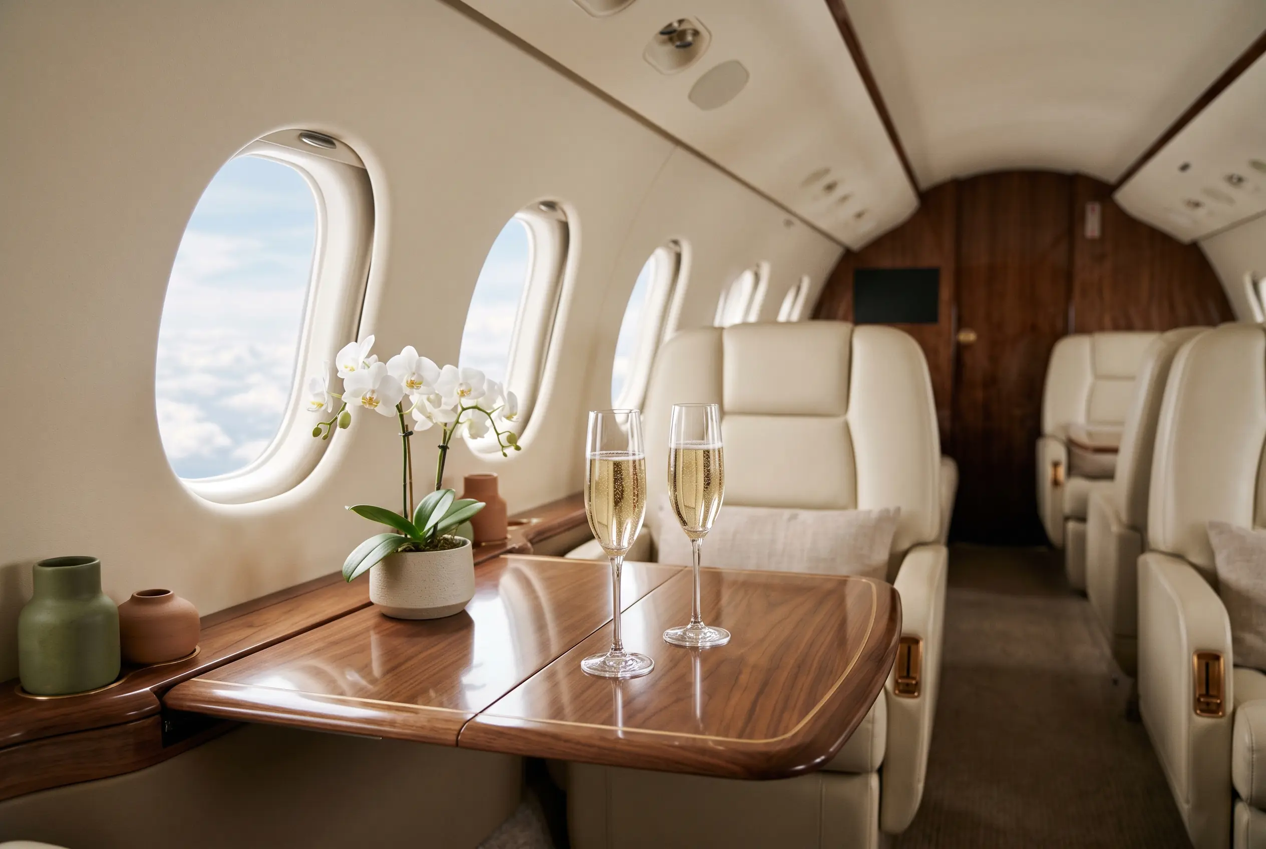 Champagne flutes and white orchids on a polished walnut table in a wide jet cabin